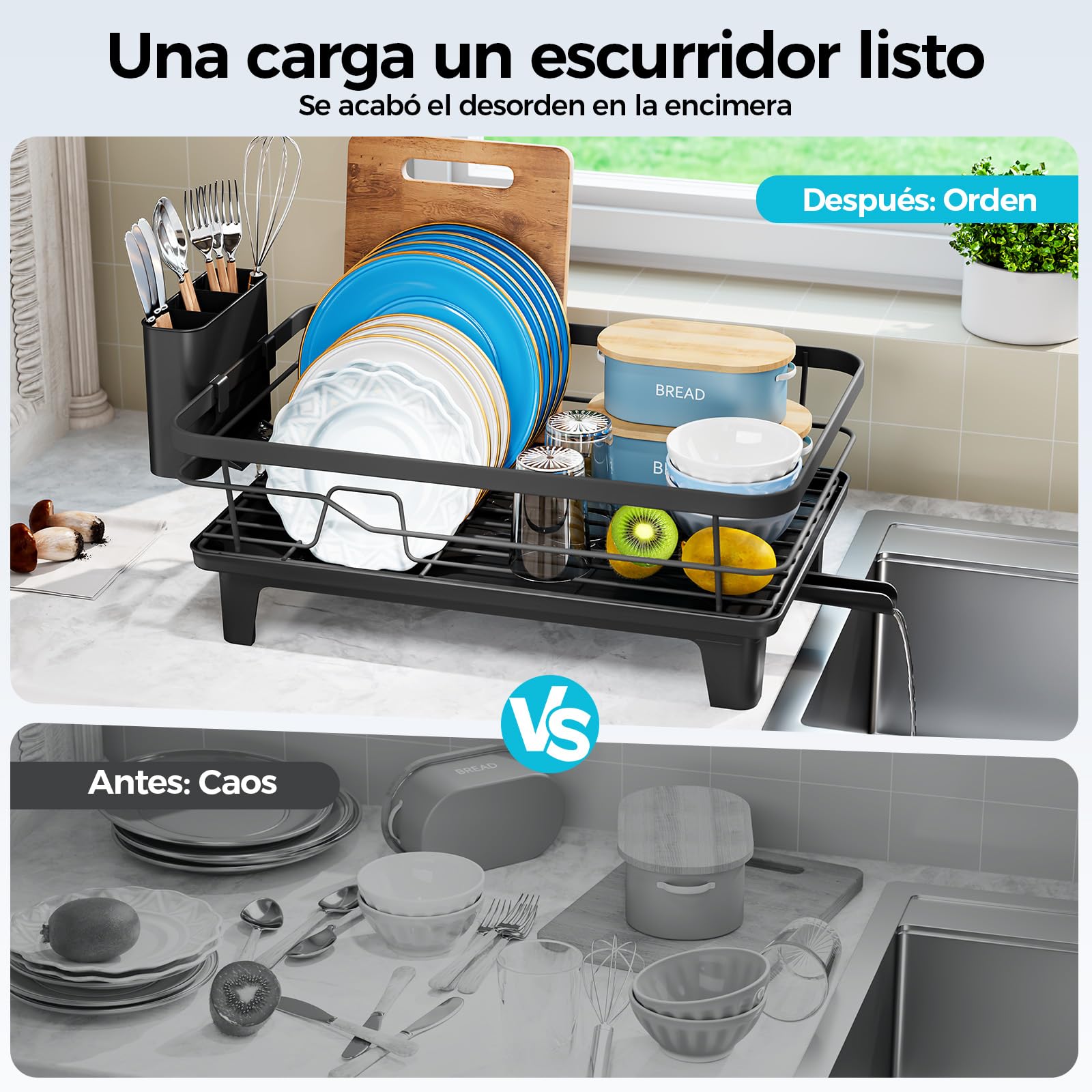 Escurridor de Platos, Escurreplatos con Soporte para Utensilios Extraíble, Escurreplatos de Cocina para Fregadero con Tabla de Escurrir con Pies Elevados, Escurreplatos de Gran Capacidad, Negro