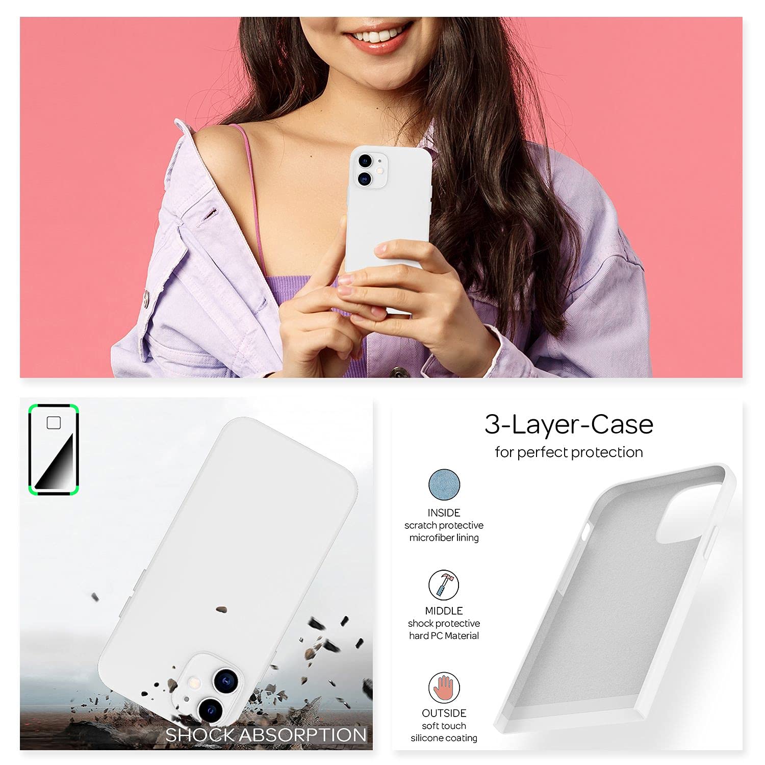 NALIA Morbido Cover in Silicone compatibile con iPhone 12 / iPhone 12 Pro Custodia, Protettiva Copertura Resistente allo Sporco con Microflusso, Soft Gomma Case Rugged Skin, Colore:Bianco