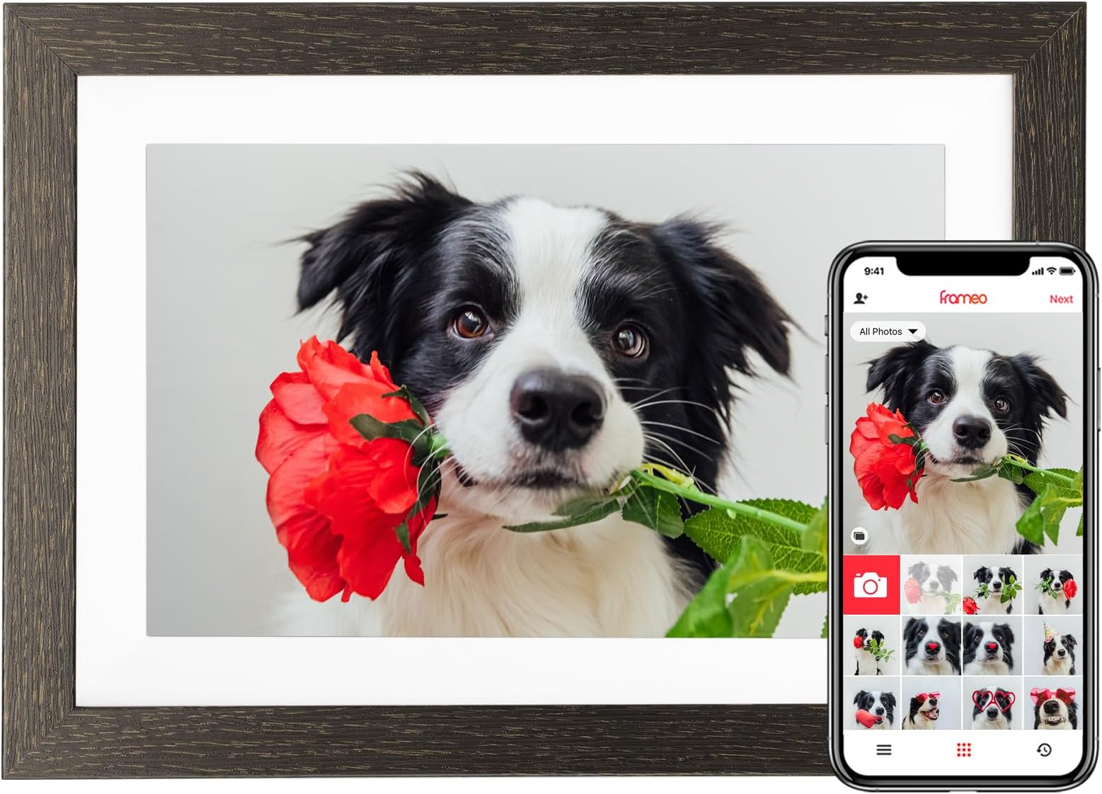 - 10.1'' Frameo Digital Picture Frame, 32GB WiFi Digital Photo Frame, 1280x800 IPS Touch Screen, Auto-Rotate, Slideshow, Send Photos/Videos via Free App(Black Wood Frame)
