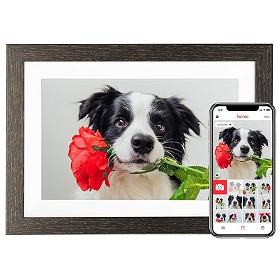10.1'' Frameo Digital Picture Frame, 32GB WiFi Digital Photo Frame, 1280x800 IPS Touch Screen, Auto-Rotate, Slideshow, Send Photos/Videos via Free App(Black Wood Frame)