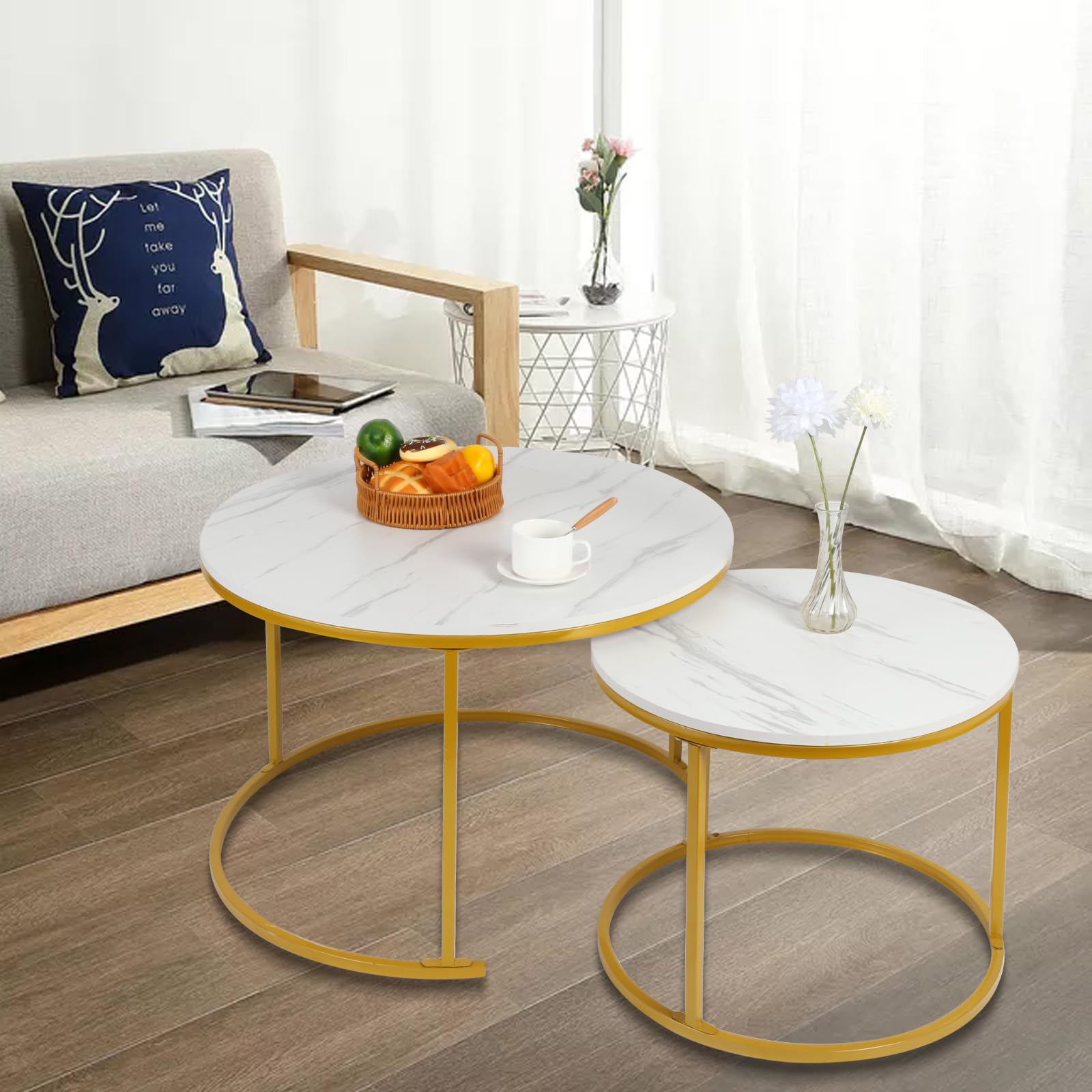 OHMG Set de 2 Tables Gigognes Rondes,Tables Basses,70/50cm,Table d'appoint Ronde,Design Moderne,Table de Salon en marbre,avec Pied en Acier (Blanc+or-70 * 70 * 45cm)