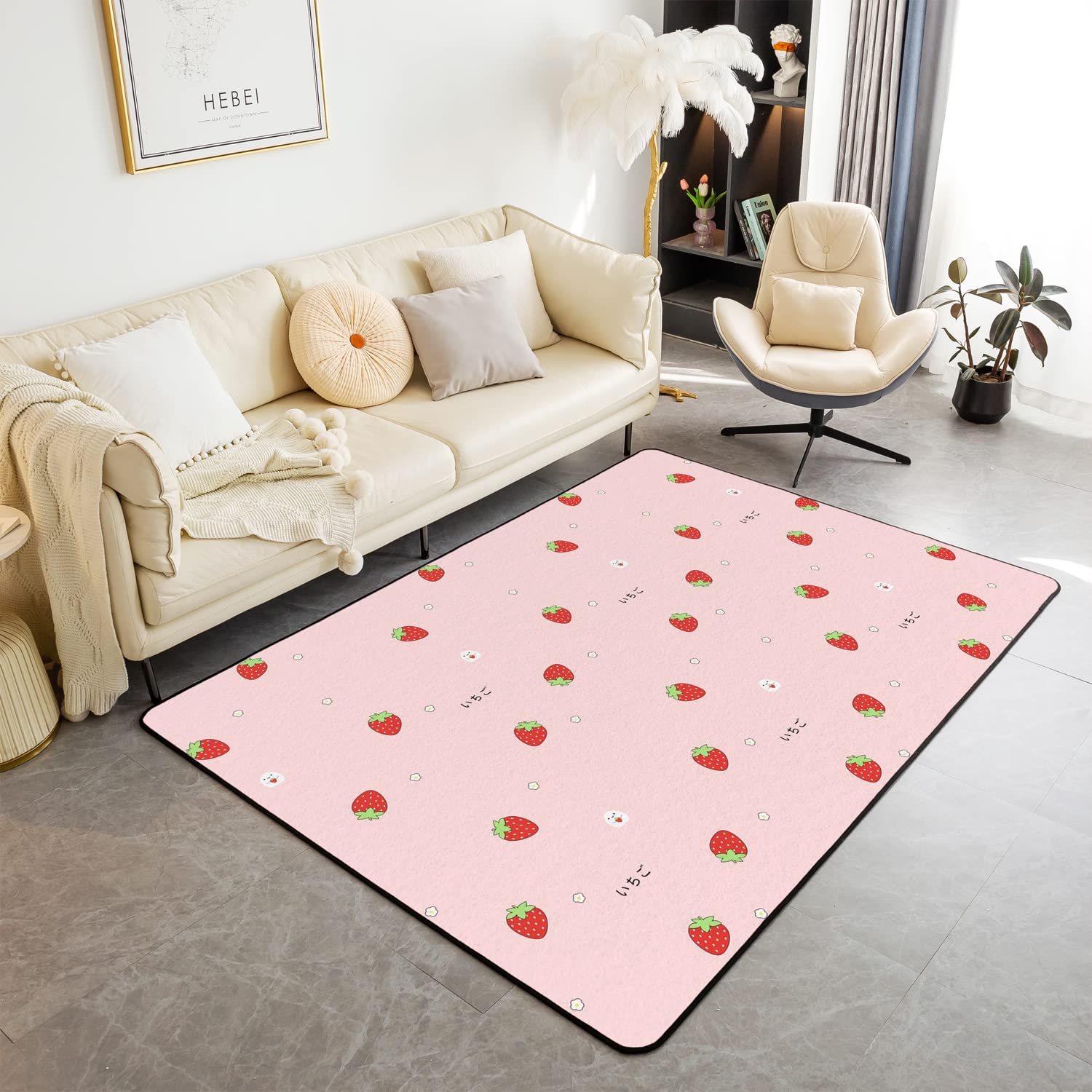 Girls Strawberry Area Rugs 3x5, Kawaii Strawberry Non Shedding Rugs for Kids, Japanese Style Pink Cute Cartoon Fruit Food Theme Living Room Rugs, Girly White Floral Carpet for Bedroom Home Decorative