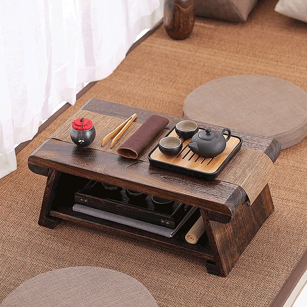 End Tables, Stolik kawowy 2-poziomowy z półką do przechowywania, retro japoński stolik do herbaty, stolik tatami do salonu, okno wykuszowe (kolor: ciemnobrązowy, rozmiar: 68 * 35 * 28 cm)