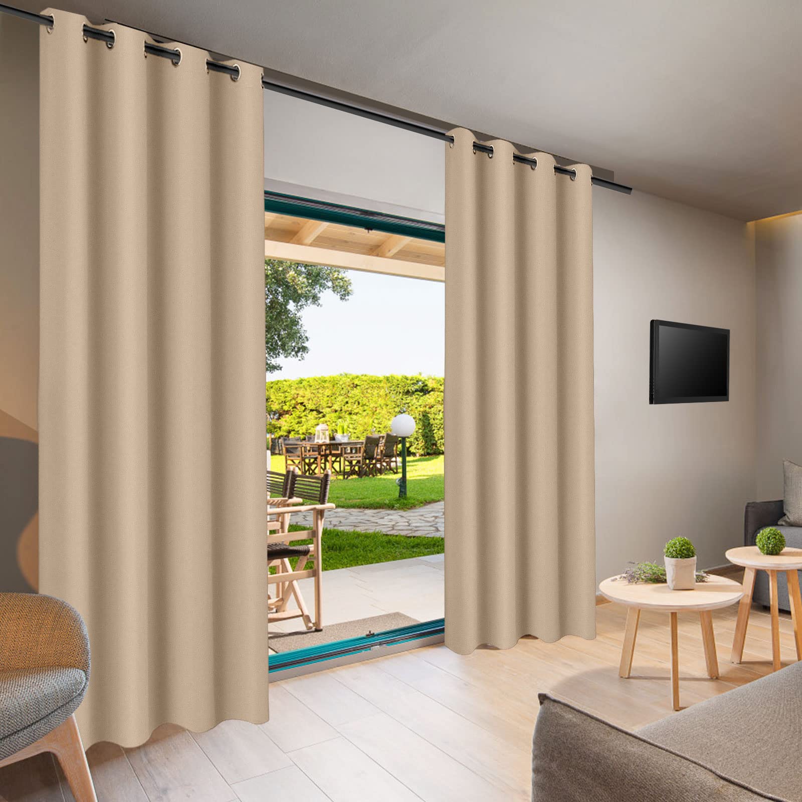 MINGPINHUIUS Cortinas de Exterior, Cortina Exterior con Ojales, Impermeables, Resistentes al Viento y a los Rayos UV, Opaco, para balcón, terraza, Porche, pérgola (champán, 2 Piezas / 132 x 213 cm)