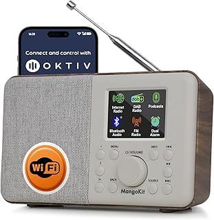 SR10 Portable WIFI Internet Radio, FM Digital Radio, Batteries or Mains Plug, Headphone Output, Wireless Speaker, Alarm Clock, Sleep Snooze Timer, Color Screen, for Home Outdoor Walnut