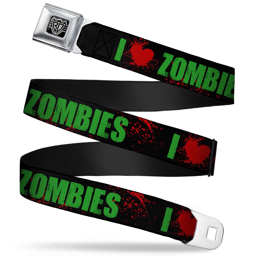 Cinturón de seguridad con hebilla - I''Heart'' ZOMBIES Bold Splatter negro/verde/rojo - 1.0 pulgadas de ancho - 20-36 pulgadas de largo