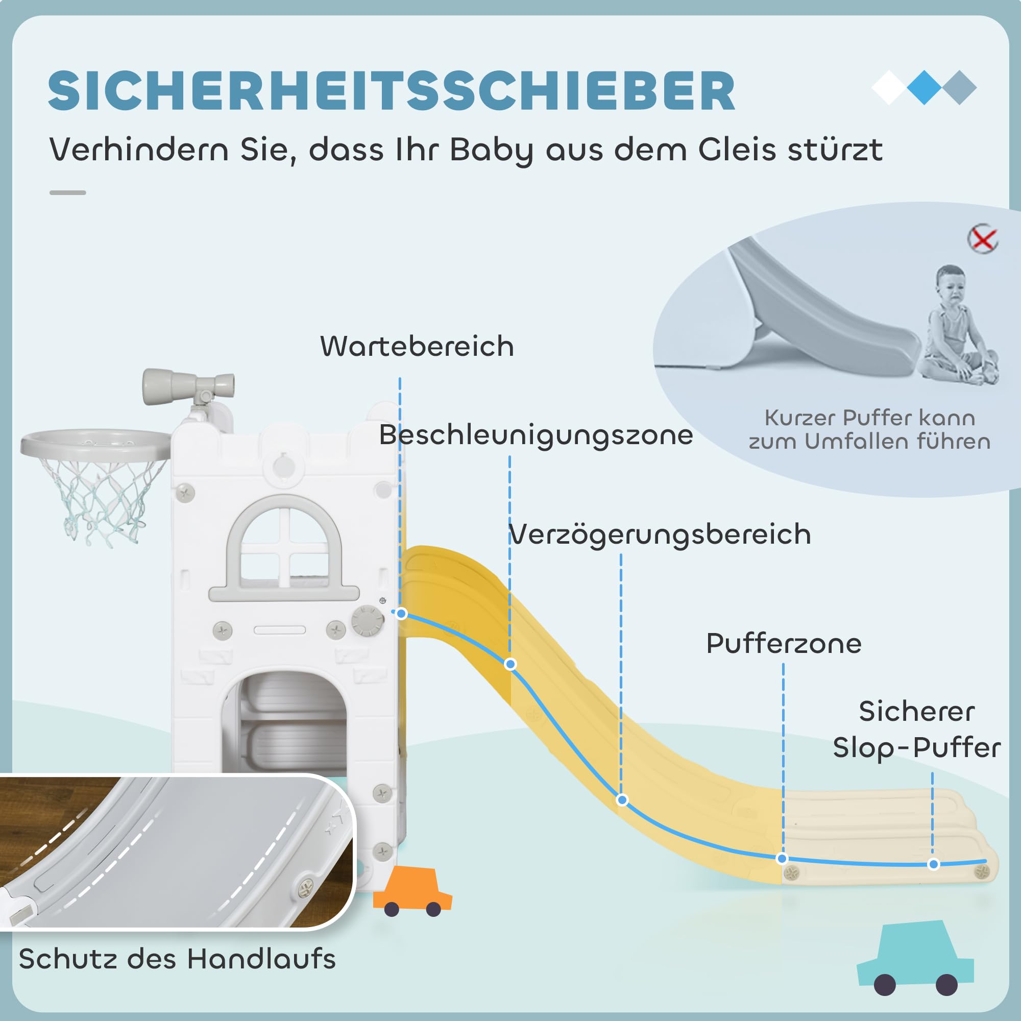 AIYAPLAY Kinderrutsche, 5 in 1, Kleinkinderrutsche mit Basketballkorb, Teleskop Klettergerüst, Aufbewahrungskorb Rutsche mit Basketball für Kinder 1-3 Jahre, Indoor, Grau 70 x 177 x 92 cm