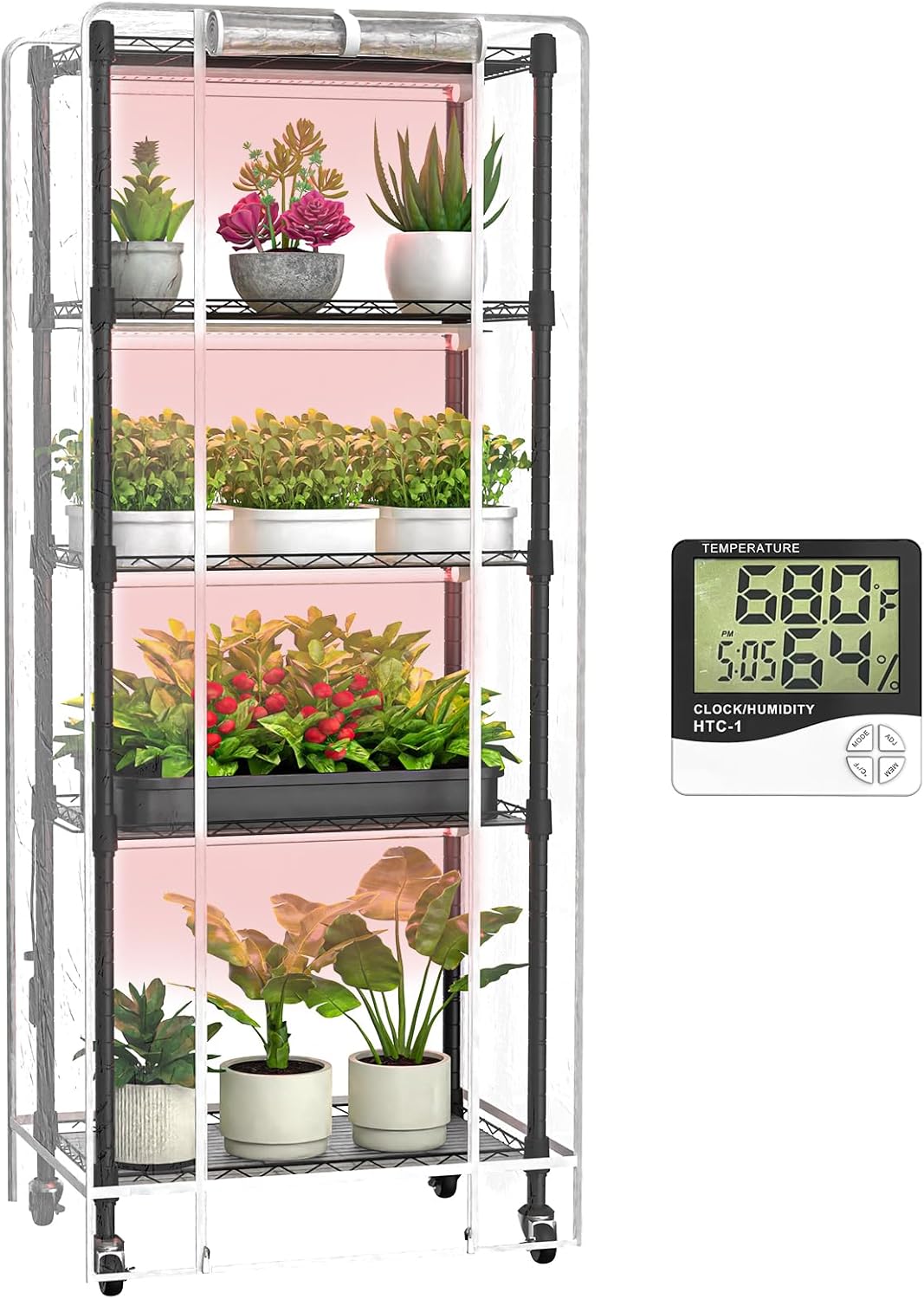 Indoor Greenhouse with Grow Lights, 5 Tier 23.2" L×13.4" W×61.4" H Mini Greenhouse, Grow Light Shelf with Tent and Thermometer, with 72W Full Spectrum Growing Lamps for Seed Starting