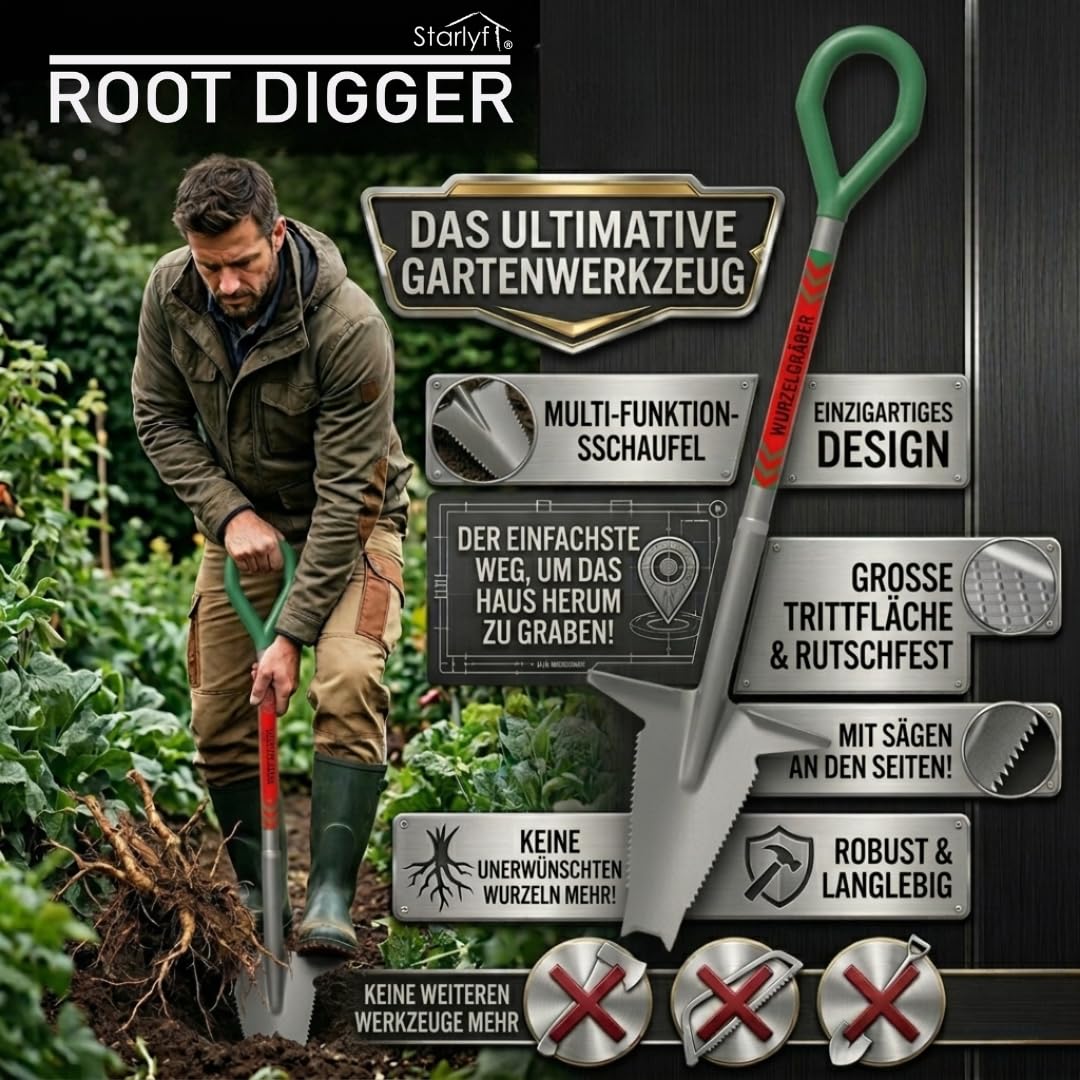 STARLYF Spaten Root Digger Wurzelspaten, Mehrzweckschaufel mit Schneidspitze, 124cm aus Manganstahl, 360-Grad-Griff, robust und langlebig