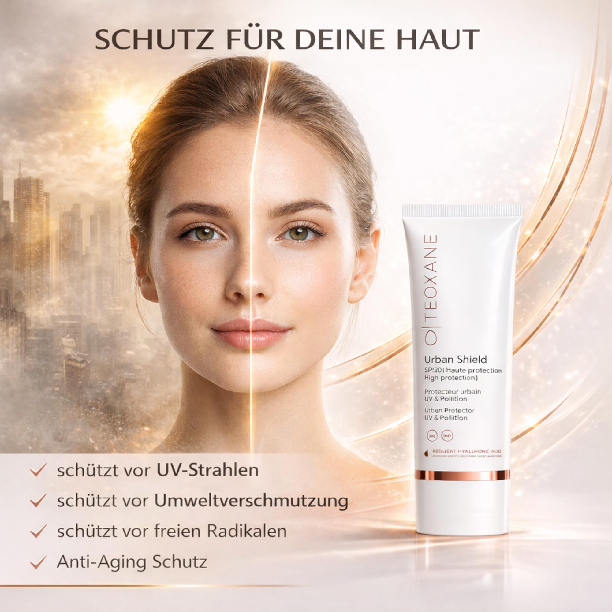 TEOXANE Urban Shield SPF 30 50 ml – Crema solar tintada para la cara con ácido hialurónico RHA, protección UVA UVB, crema de día antipolución, protector solar facial hidratante como base de maquillaje