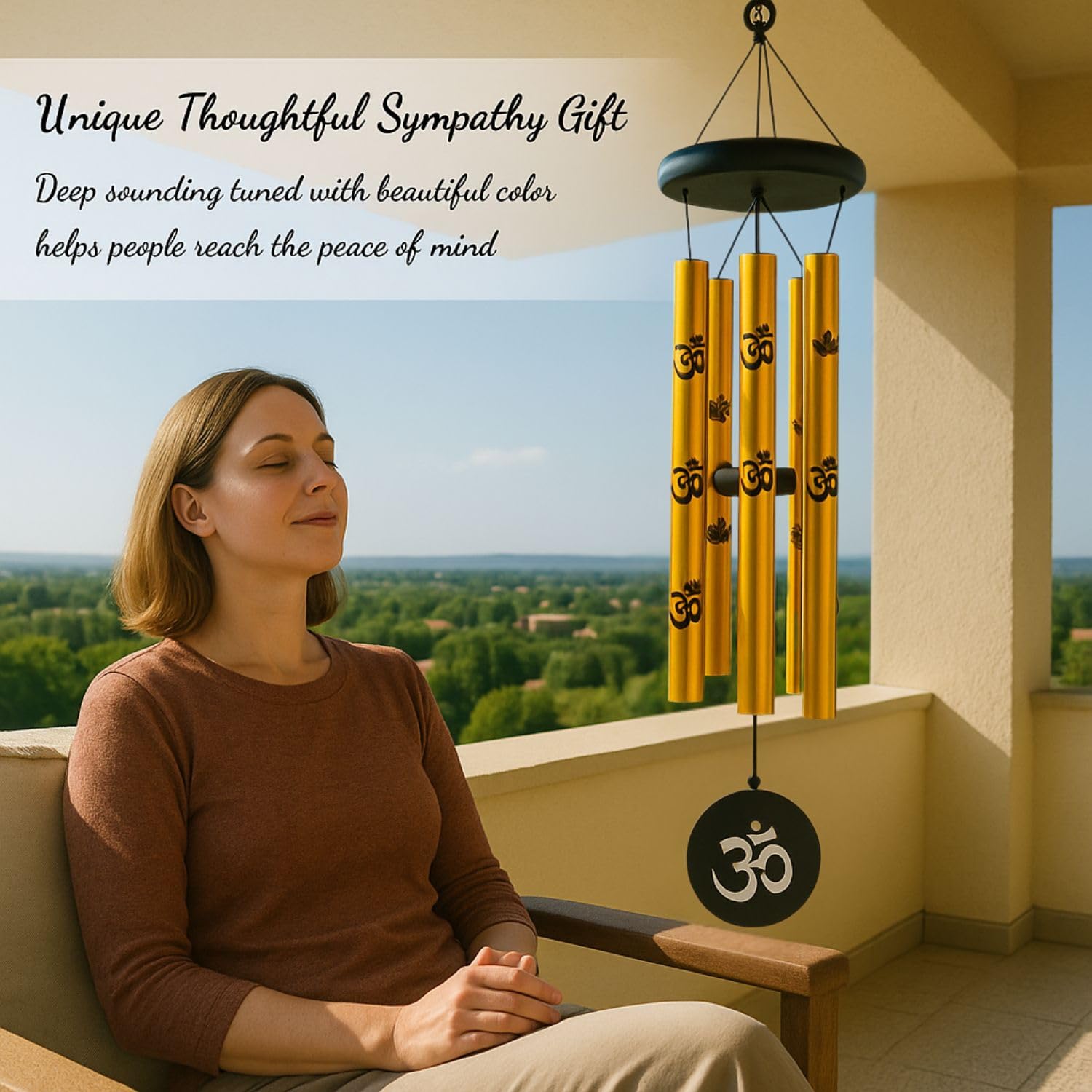 sculpmart 27inch Big Wind Chime for Home & Balcony Hanging - 5 Pipe OM Design Wind Chime for Positive Energy & Melody Sound (Golden) 1