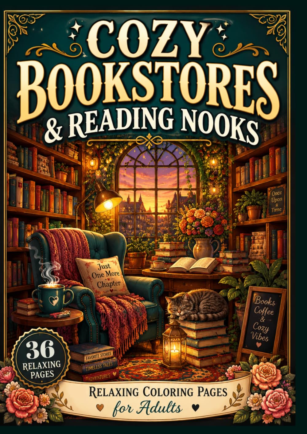 Cozy Bookstores & Reading Nooks: 36 Relaxing Coloring Pages for Adults Featuring Charming Bookshops, Cozy Reading Corners, Cats, Coffee and Hygge-Inspired Escapes
