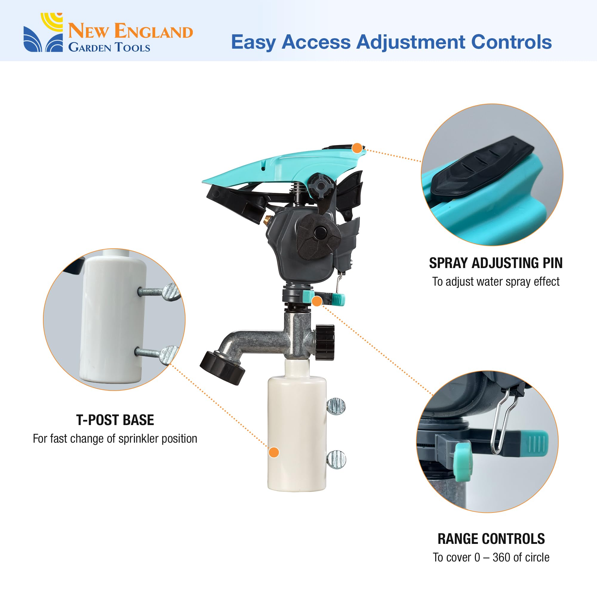 T-Post - Aspersor de impacto pulsante para césped 300013 con accionamiento de engranajes, base de poste, ajustable a 360 grados New England Garden Tools