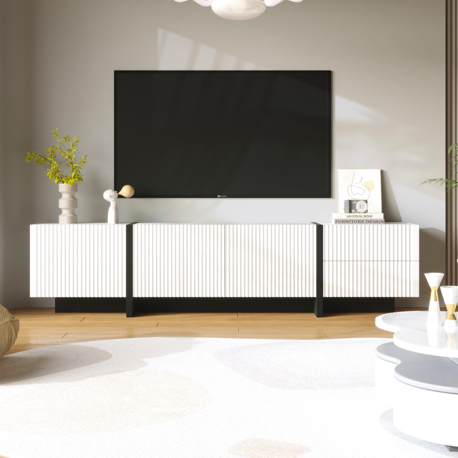 Mobile TV da 190 cm, mobile basso per TV con 3 ante e 2 cassetti, lucido per TV fino a 85 pollici, mobile TV per soggiorno, 190 x 35 x 45 cm, colore: bianco e nero
