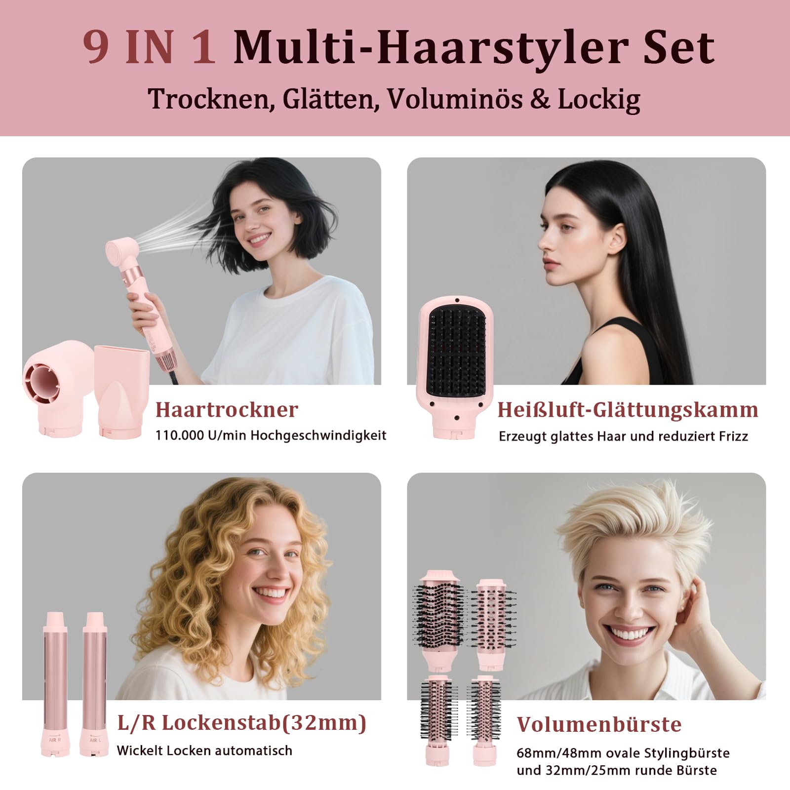 Sonew 9-in-1 Multi Hairstyler & Airstyler, 110.000 U/min Ionen-Haarstyler mit Föhn, 32-mm-Automatik-Lockenwalze, 68-mm/48-mm-Ovale-Warmluftbürste, 32-mm/25-mm-Rund-Warmluftbürste, Glättbürste