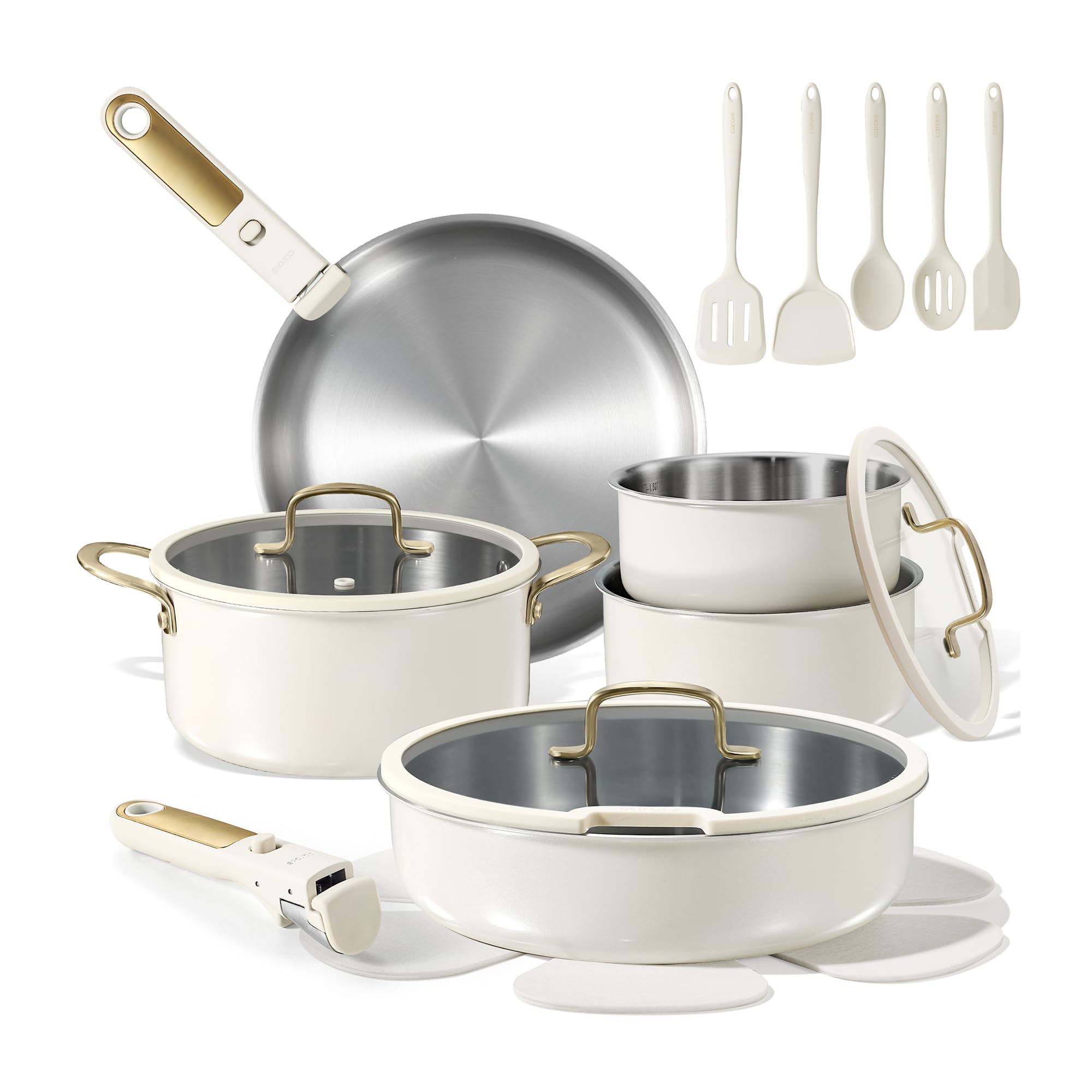 CAROTE19pcs Tri-Ply Stainless Steel Cookware Set with Detachable Handle, Pots and Pans Set, Induction Kitchen Cooking Sets, RV/Camping Cookware, Outer Ceramic Layer, Oven Safe, Cream White