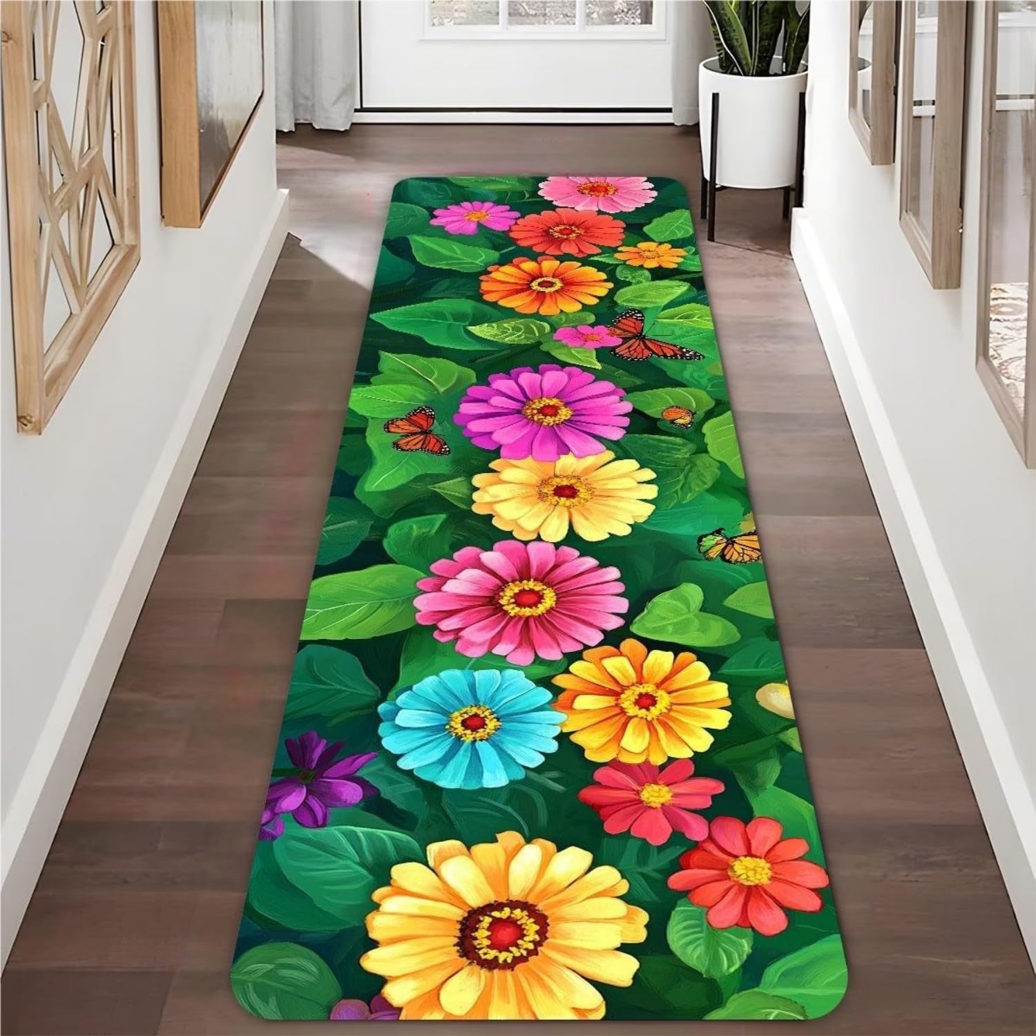 Running Rug for Hallway,80x200cm Modern Colorful Floral Green Leaf Print Rug, Non-Slip, Washable Butterfly Insect Plant Kitchen Long Rugs, Beautiful Floral Carpet for Living Rooms and Bedrooms