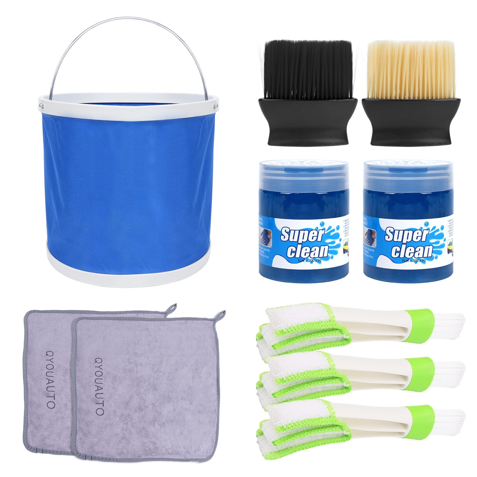 QYOUAUTO 10Pcs Car Detailing Kit Includes Bucket Detail Soft Brushes Drying Towels Auto Cleaning Gel for Automotive Interior Cleaning, Dashboard, Exterior Clean