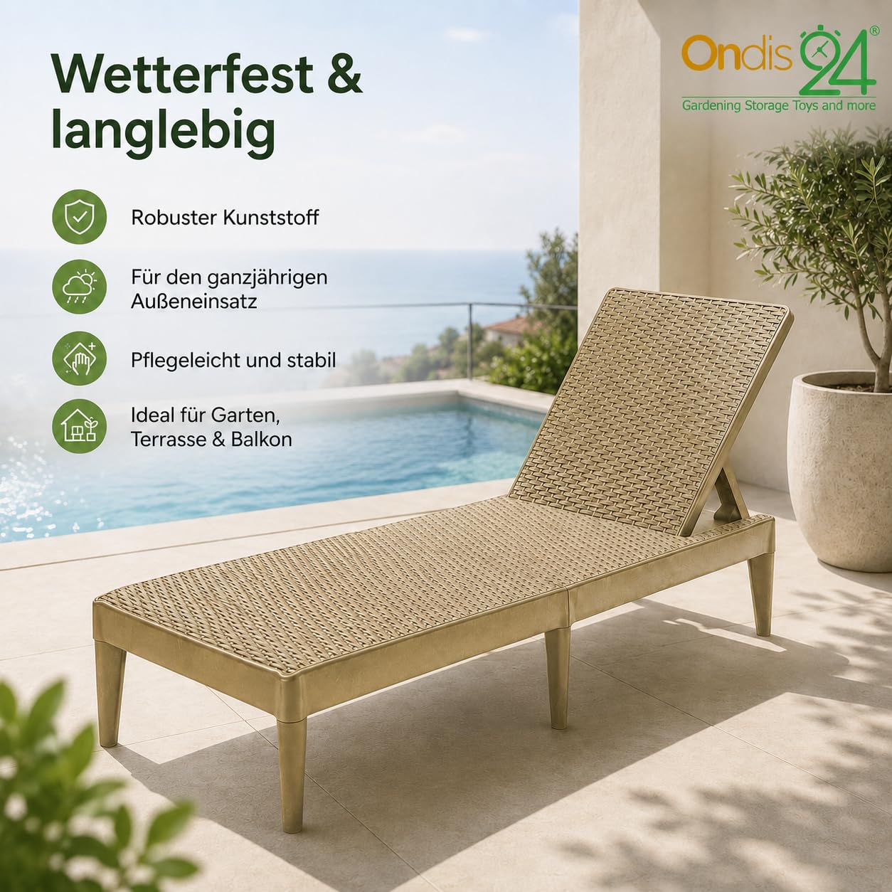 Ondis24 Gartenliege Milan Sonnenliege verstellbares Kopfteil, Relaxliege aus Kunststoff, Flache Rattan-Optik (ohne Kissen, Cappuccino)