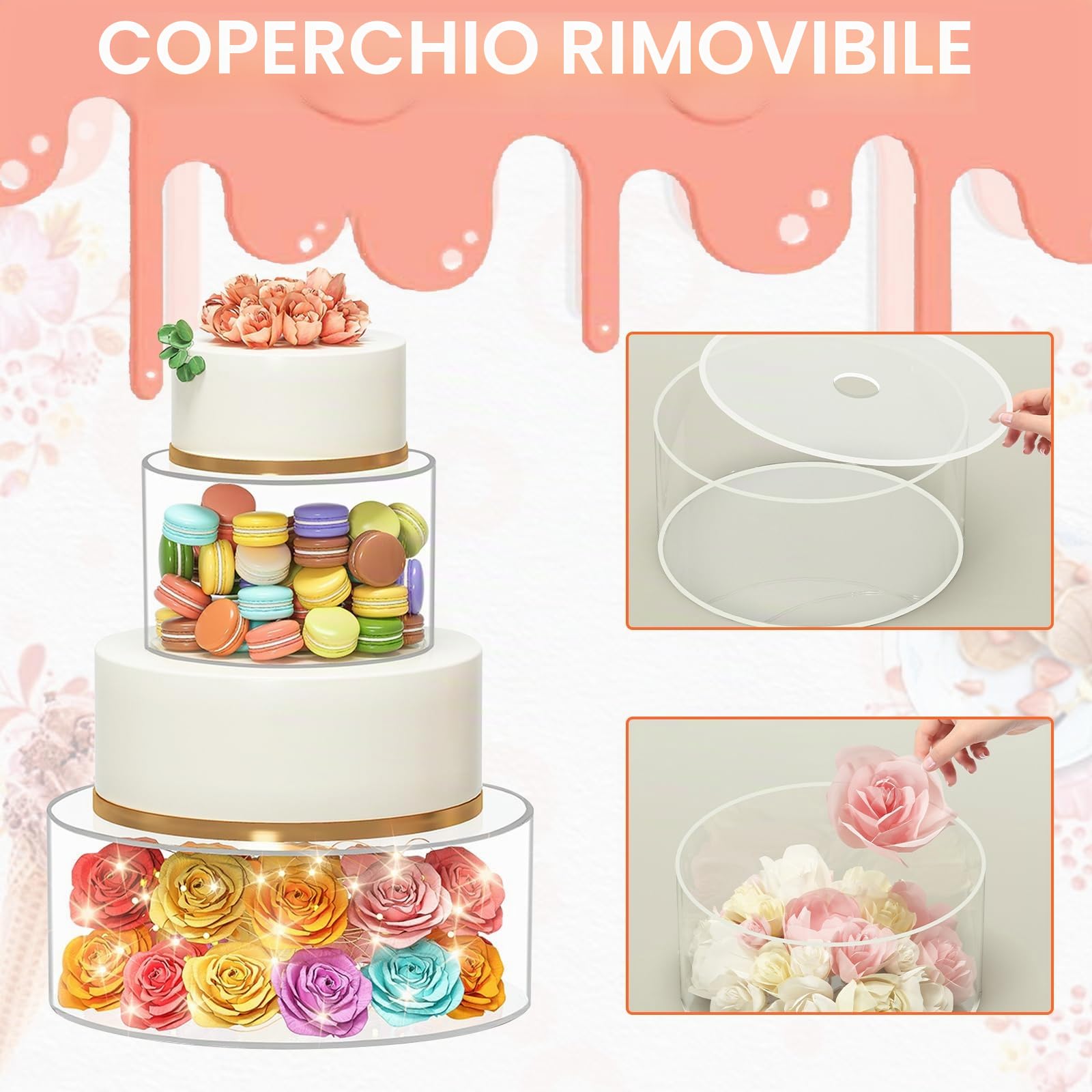 Alzata per Torta, 3 Pezzi Espositori per Torta in Acrilico Alzata per tortas Trasparente con luci LED Riempibile Alzatina per Dolci per Compleanni alzata Rotonda Cupcake per Feste