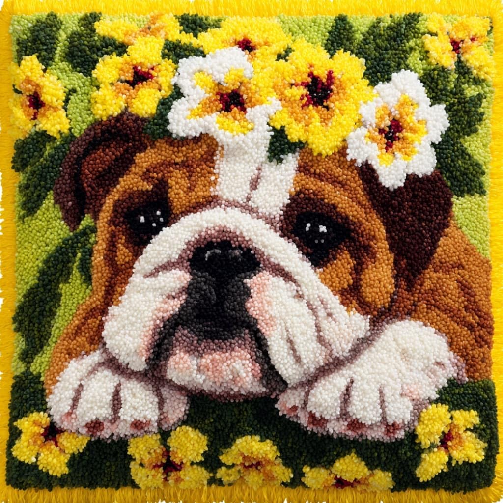 Taxpy Latch Hook Cushion Kits Bulldog Pillowcase Kits Embroidery Kit 17X17 Inch DIY Needlework Pillow Cover Sofa Cushion Rug Making