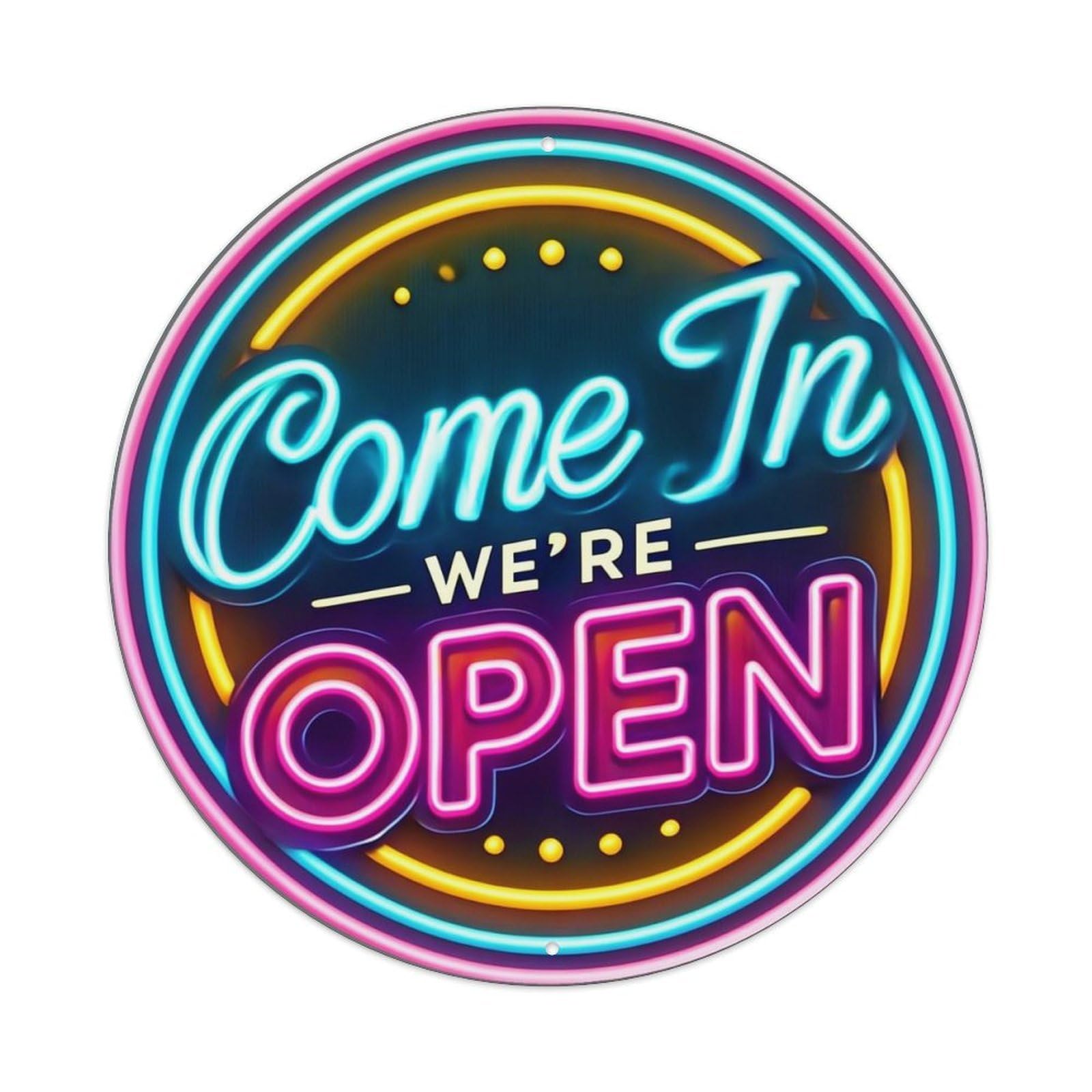 Neon Sign Open Welcome Glow Retro Metal Sign Round Tin Sign, Vintage Decor Art Poster for Bar, Home, Man Cave, Kitchen, Laundry Room Gift 8x8Inch