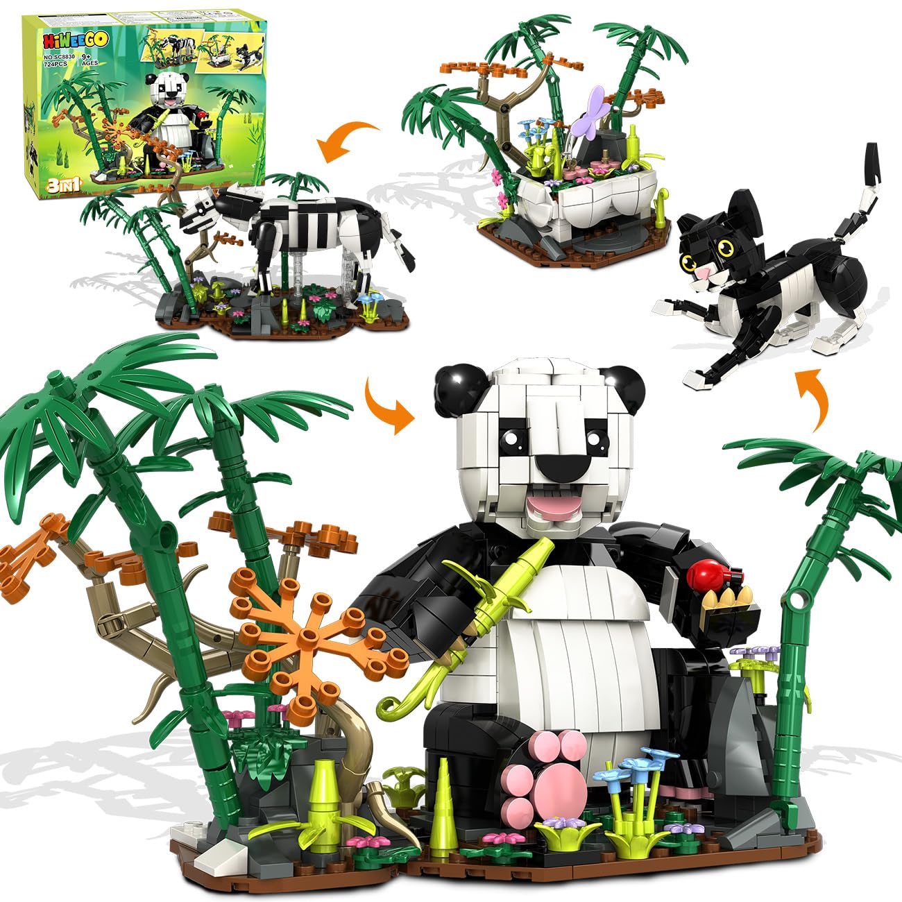 HiWEEGO 3 in 1 Wilde Tiere Panda Bausatz – 724 Teile Tierfiguren Panda Katze Zebra Bausteinspielzeug Zuhause Büro Dekoration Modell Geburtstag Kinder Jungen Mädchen 9-12+ Jahren