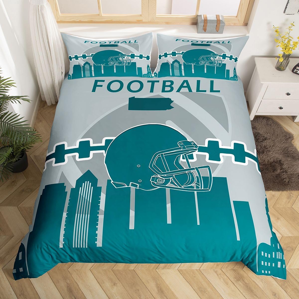 Erosebridal Football Themed Bedding Set Queen,Football Fans Duvet Cover for Boys,Football Lovers Comforter Cover,Rugby Bed Sets with 2 Pillow Shams Zipper Ties,Blue(Philadelphia)