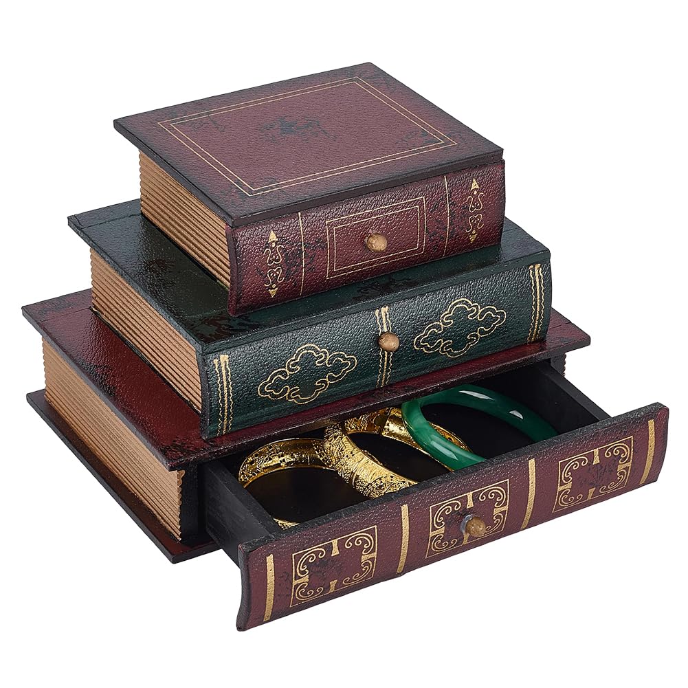 PH PandaHall 3-Tier Vintage Decorative Book Box Wooden Book Jewellery Box