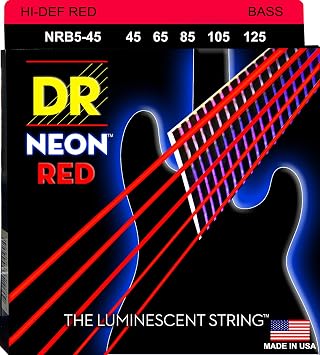 DR Handmade Strings NRB5-45 K3 Neon Hi-Def 5 Bass Guitar Strings, Medium, Red