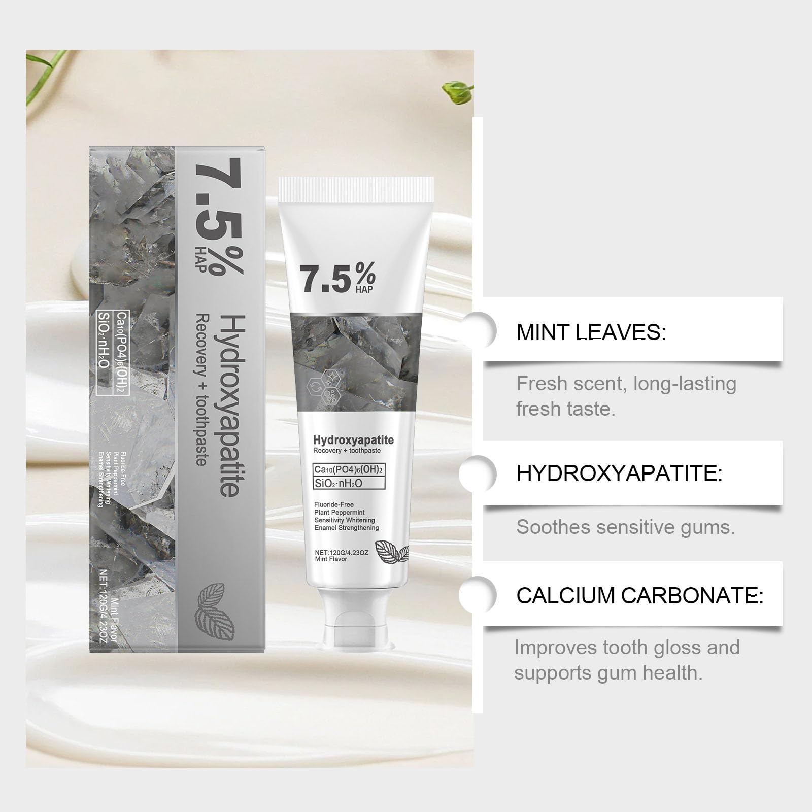 Dentifricio alla nanoidrossiapatite 7,5%, dentifricio riparatore e protettivo, senza fluoro per denti sensibili, dentifricio antimacchia, favorisce lo sbiancamento naturale dei denti e l'alito fresco