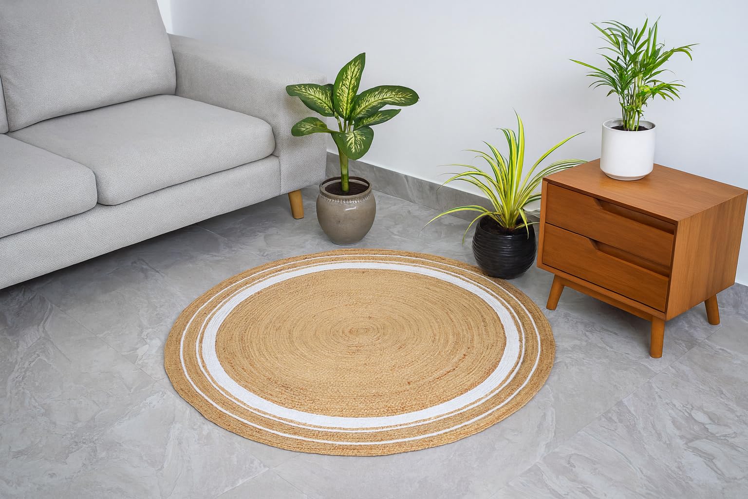 Vipanth – Tapis en Jute Naturelle avec Ligne Blanche, Fait à la Main, Tapis tressé réversible pour décoration d'intérieur (210 x 210 cm, Rond)
