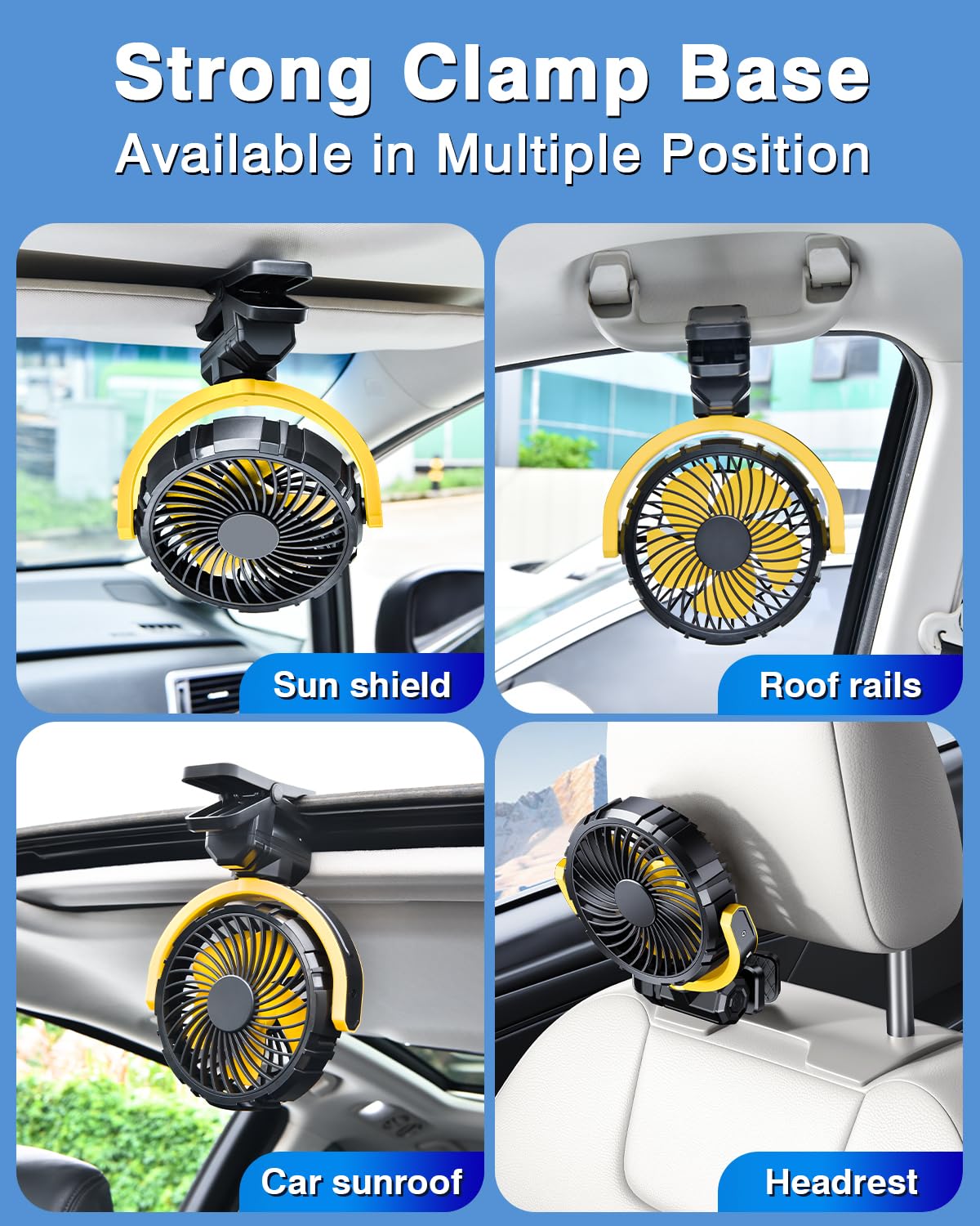 Ventilatore per auto, 5 V, USB, piccolo ventilatore parasole per sedile anteriore/posteriore, alimentato a batteria ricaricabile da 2000 mAh, silenzioso, ventola di raffreddamento personale che