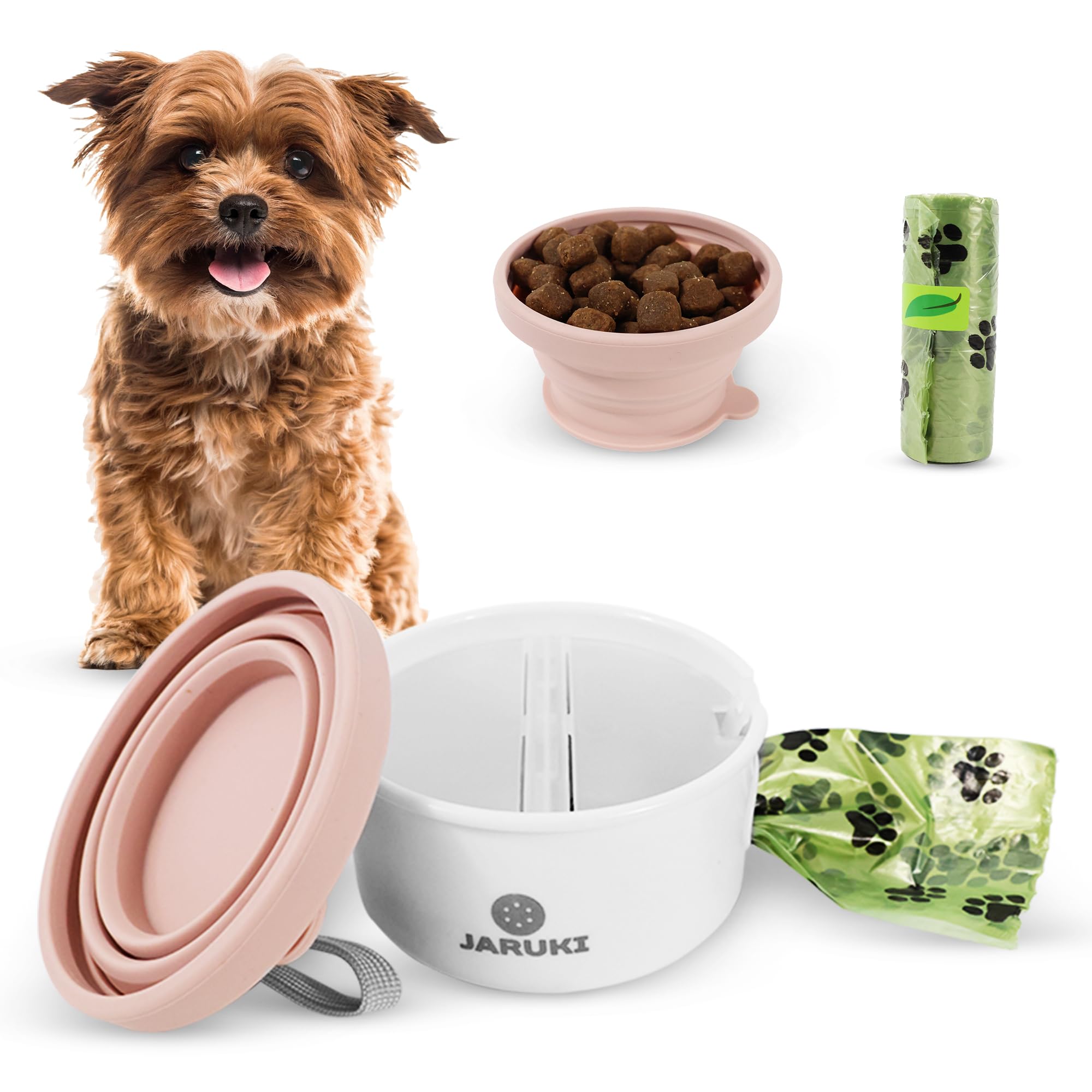 JARUKI® Bebedero y Comedero Perro Plegable +Rollo Bolsas| Comedero Portátil Perro 2 Compartimentos para Comida y Bolsas | Ideal Paseos y Excursiones | Silicona Segura y Resistente al Agua (Rosa)