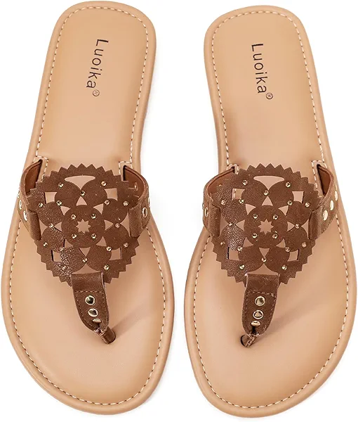 Luoika Women's Wide Width Flat Slides Sandals, Flip Flop Strappy Rhinestone Thong Sandals Comfortable Summer Beach Shoes for Women.
