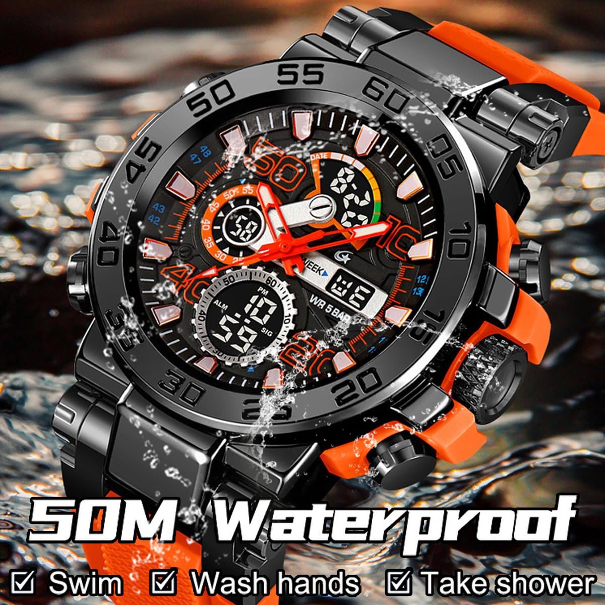 findtime Orologio da uomo sportivo militare impermeabile digitale analogico orologio tattico esterno grande quadrante orologi da polso Dual Time LED luminoso sveglia cronometro Relojes para Hombres