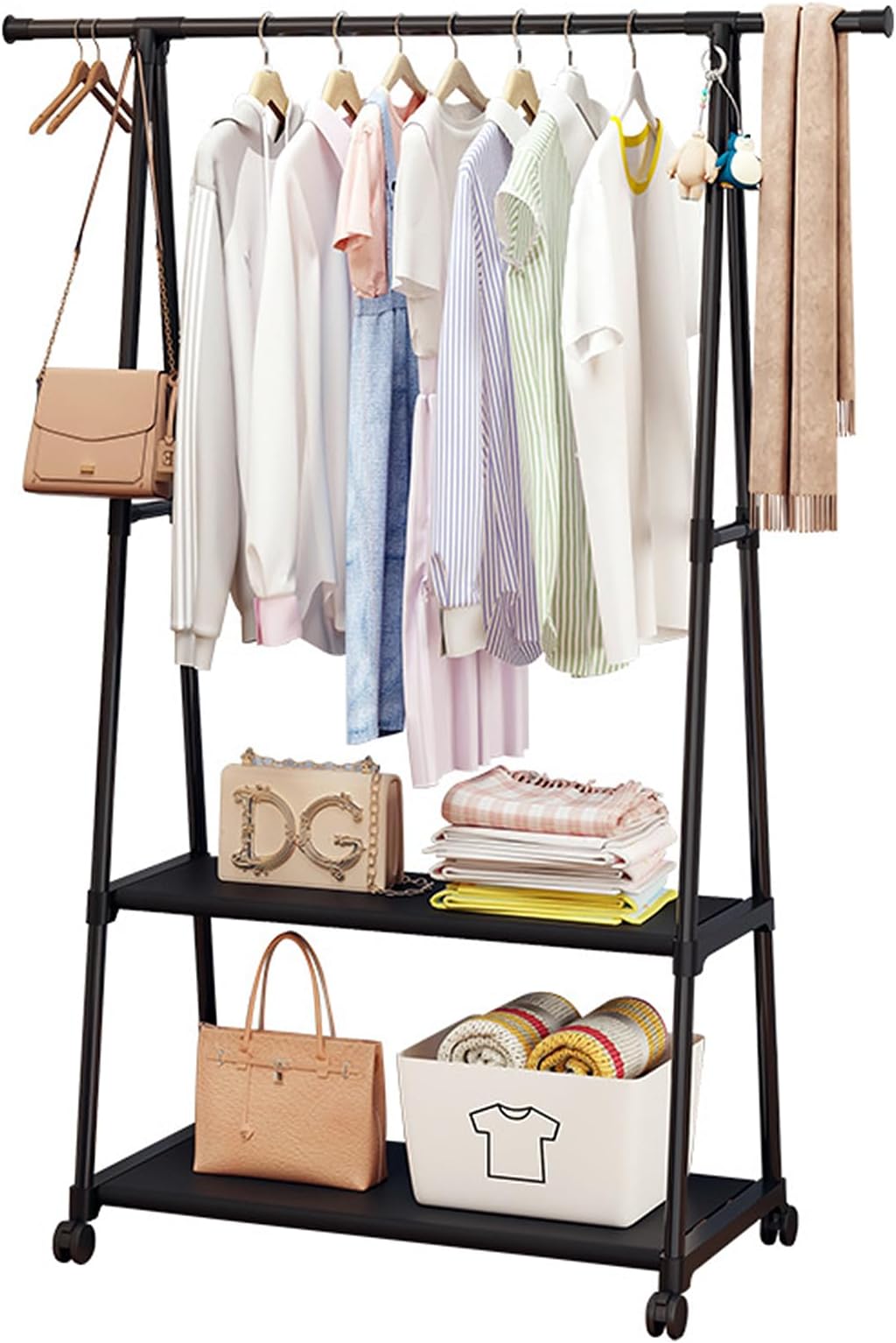 Beauenty Clothes Rack, Clothes Drying Stand, Coat Rack, Sturdy Rolling Clothing Rack with Wheels, Multifunctional Metal Garment Rack with 2-Tier Shelf(Black)