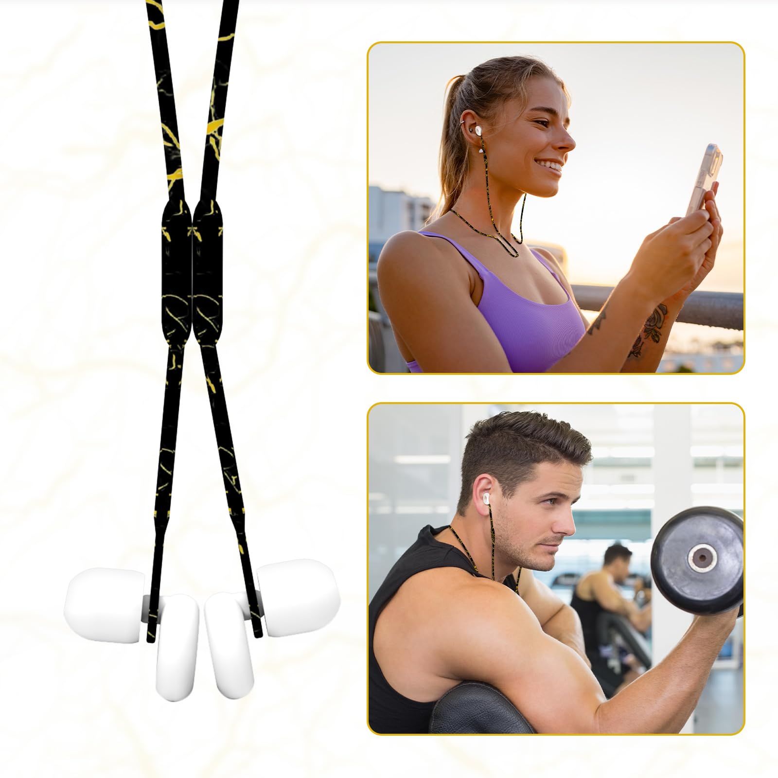 Cordón de silicona flexible para los oídos con cordón de seguridad magnético resistente a tirones, compatible con la mayoría de tapones para los oídos con puntas extraíbles (negro dorado)