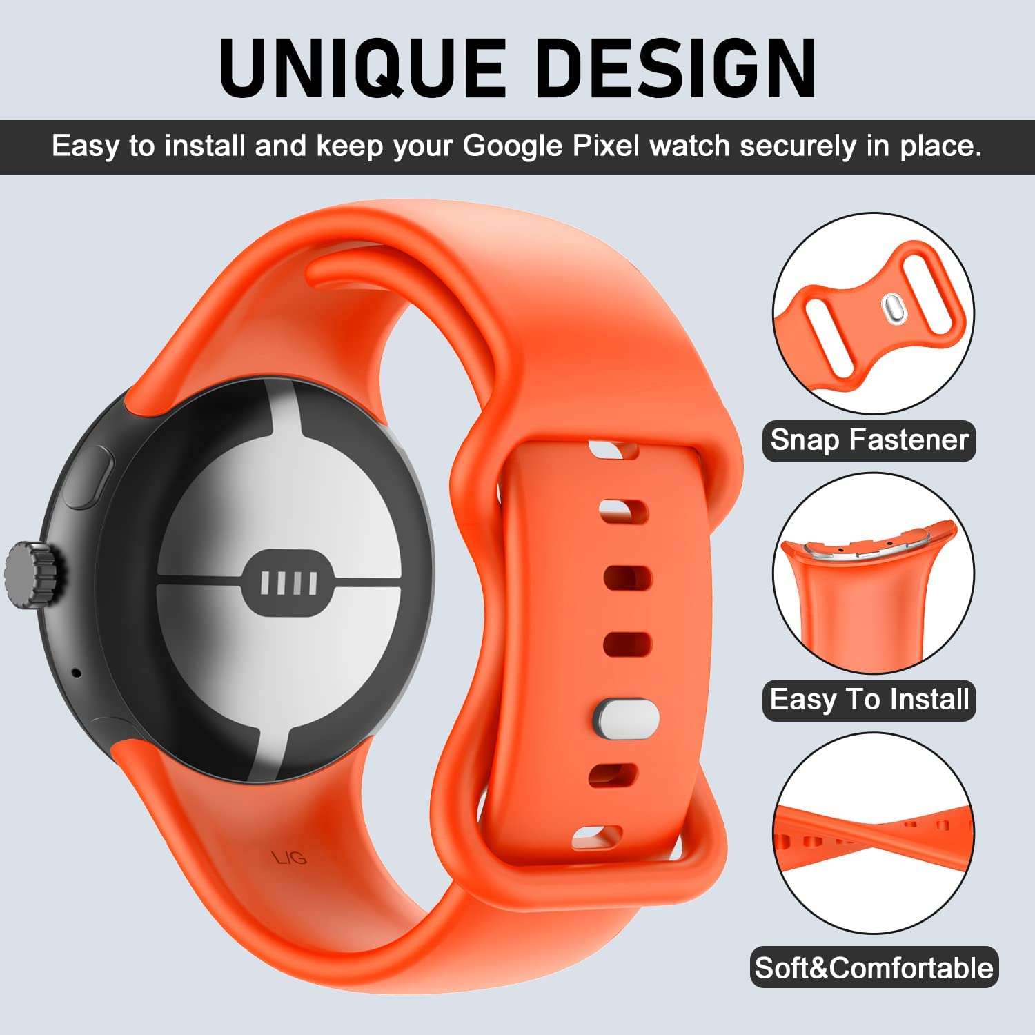 OVERSTEP Compatible for Google Pixel Watch Bands, Soft Silicone Sport Strap Metal Buckle for Google Watch Band, Replacement Google Pixel Watch 2022 Band for Women Men (Large, Orange)