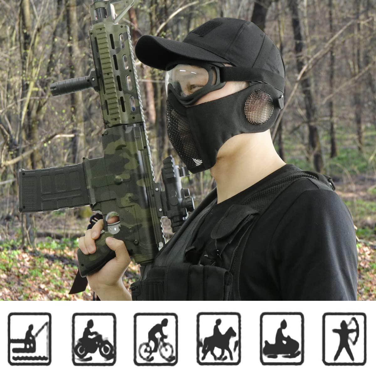 Airsoft - Juego de máscara de media cara y sombrero, máscara de malla de acero con protección para los oídos y gorra de béisbol, máscara protectora táctica para juegos CS, pistola BB, paintball, caza, tiro