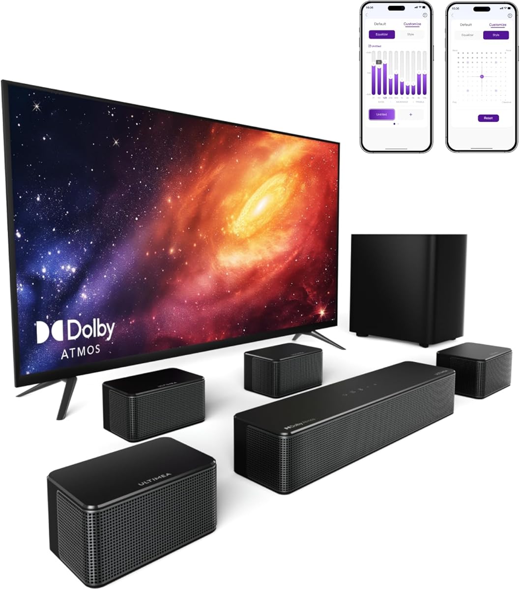 ULTIMEA 7.1ch Barra de Sonido con Dolby Atmos, 3D Sonido Envolvente, Control por App, Barra Sonido TV con Subwoofer Inalámbrico y 4 Altavoces con Cable, 460W, Bluetooth 5.3, 6 Modos EQ, Poseidon D80