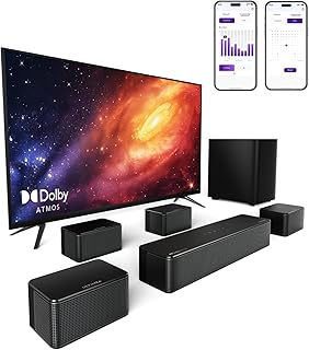 ULTIMEA Soundbar 7.1 Canal com Dolby Atmos, Sistema Home Theater 3D Surround, Controle por App, Subwoofer Sem Fio e 4 Alto-Falantes com Cabo, 460W, Bluetooth 5.3, 6 Modos EQ, Poseidon D80
