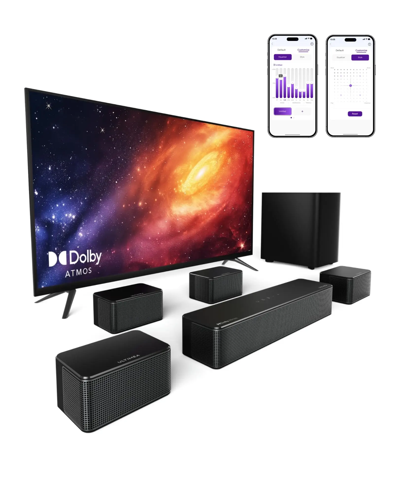 ULTIMEA 7.1 Surround Sound System für TV mit Dolby Atmos, App Steuerung, 4 kabelgebundene Surround-Lautsprecher, 460W Soundbar für Smart TV mit Wireless Subwoofer, Heimkino Sound System, Poseidon D80