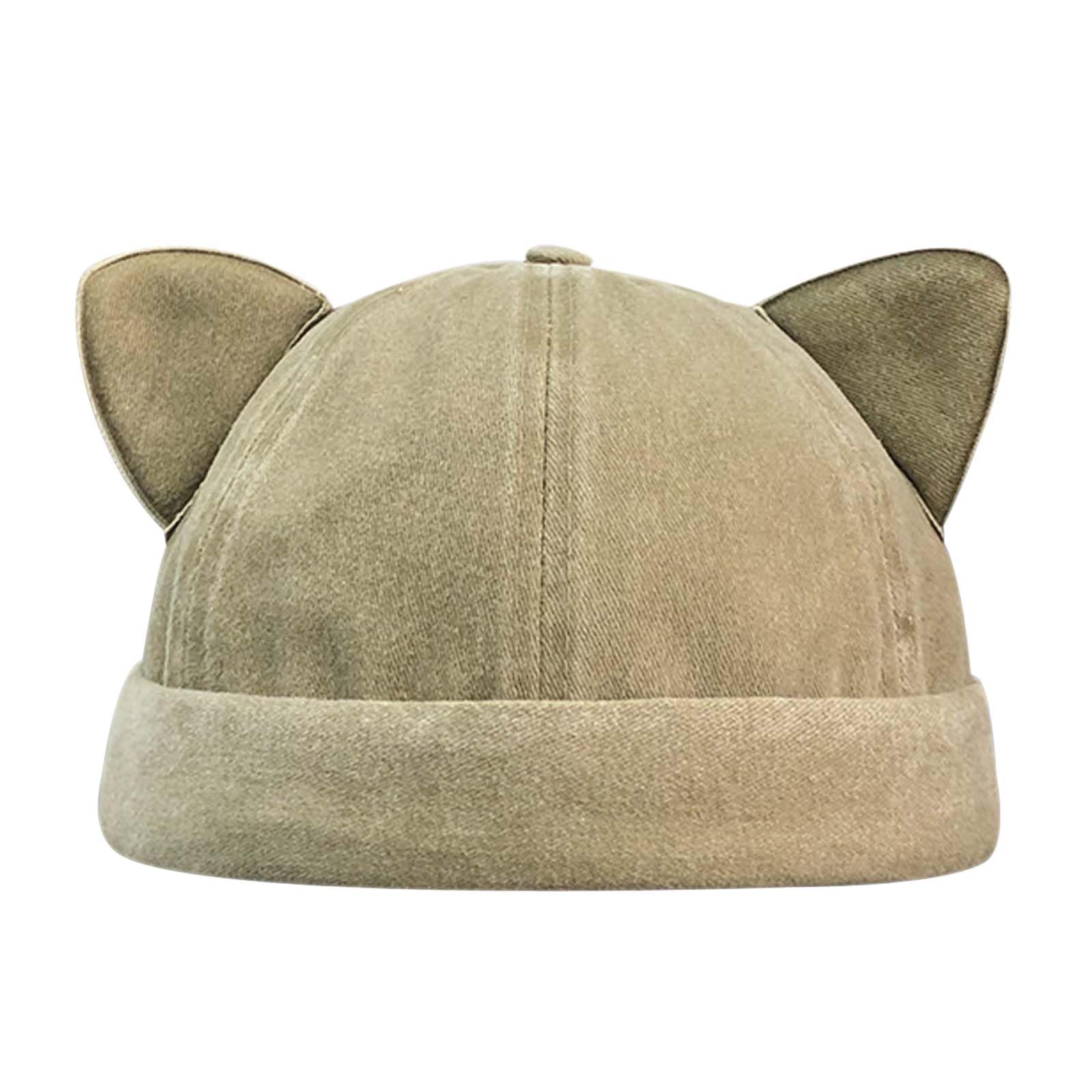 Opreng Cute Beanies Kitten Brimless Hat Docker Cap Skullcap Beanie Rolled Cuff Hat No Brim Hats with Adjustable, Khaki, One size