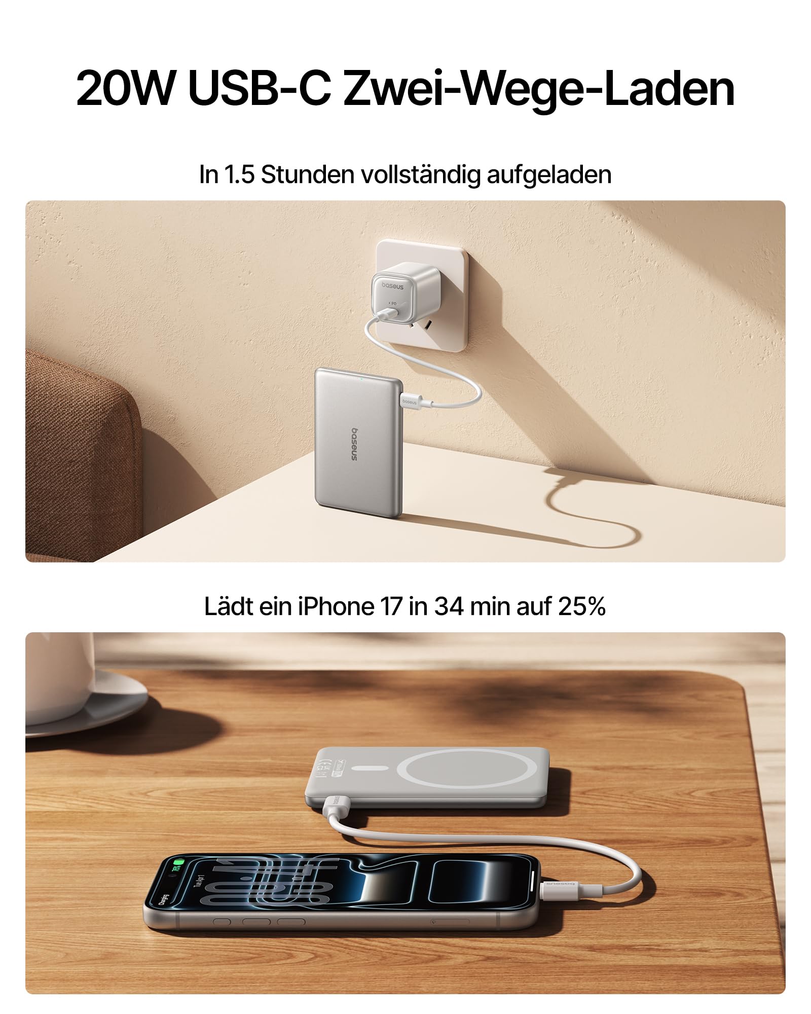 Baseus Picogo AM31 Mini MagSafe Powerbank, Slim 20W Schnellladen 5000mAh Magnetische Powerbank, Wireless Externe Batterie mit USB C Kabel, tragbares Ladegerät, für iPhone 17/16/15/14/13, Titanium