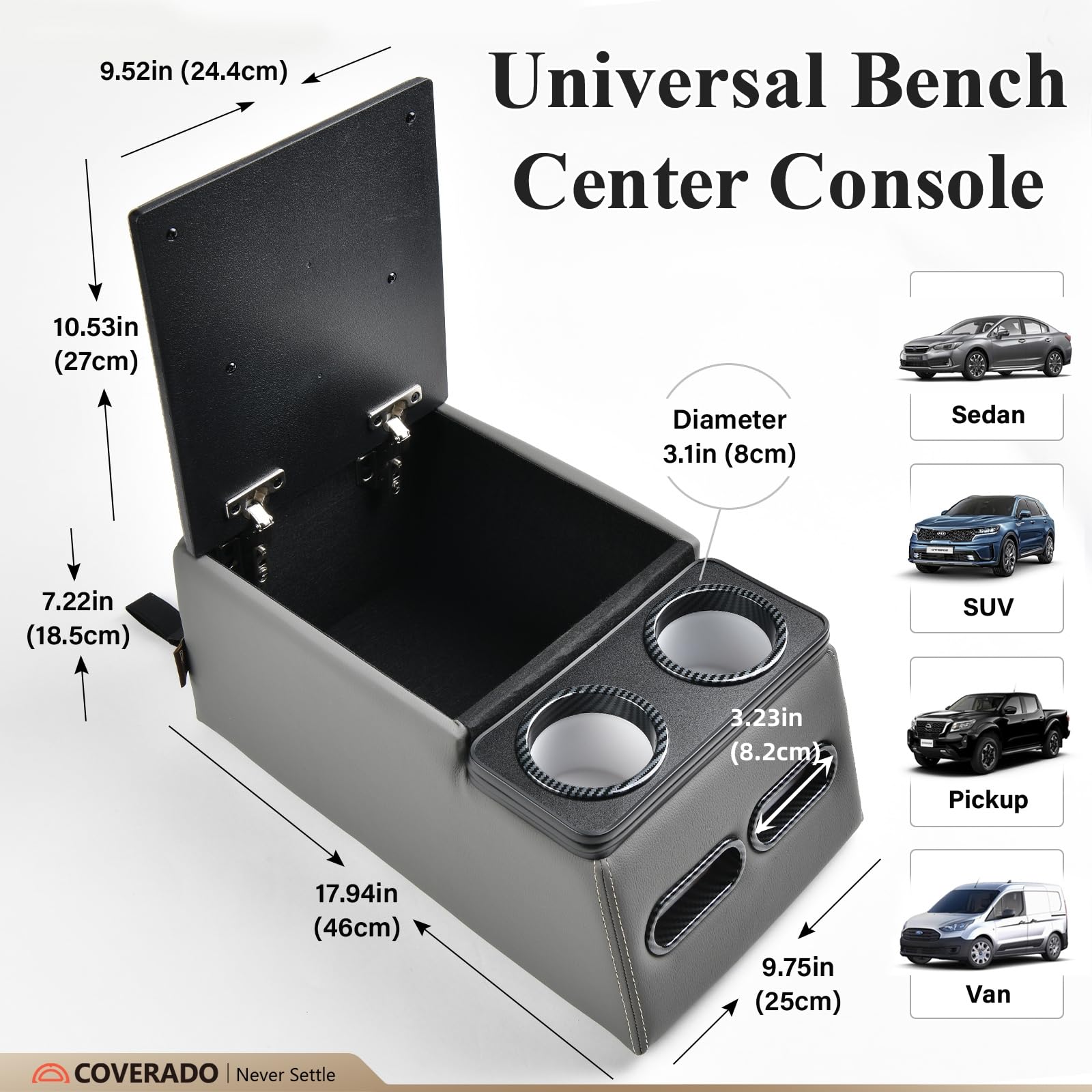 Coverado Auto Mittelkonsole, Universal Mittelkonsole Auto Rückbank, Rücksitz Automobile Organizer mit Cup Halter, Armlehnen Box Universal Fit für die meisten Limousinen SUV Pick-up-Truck
