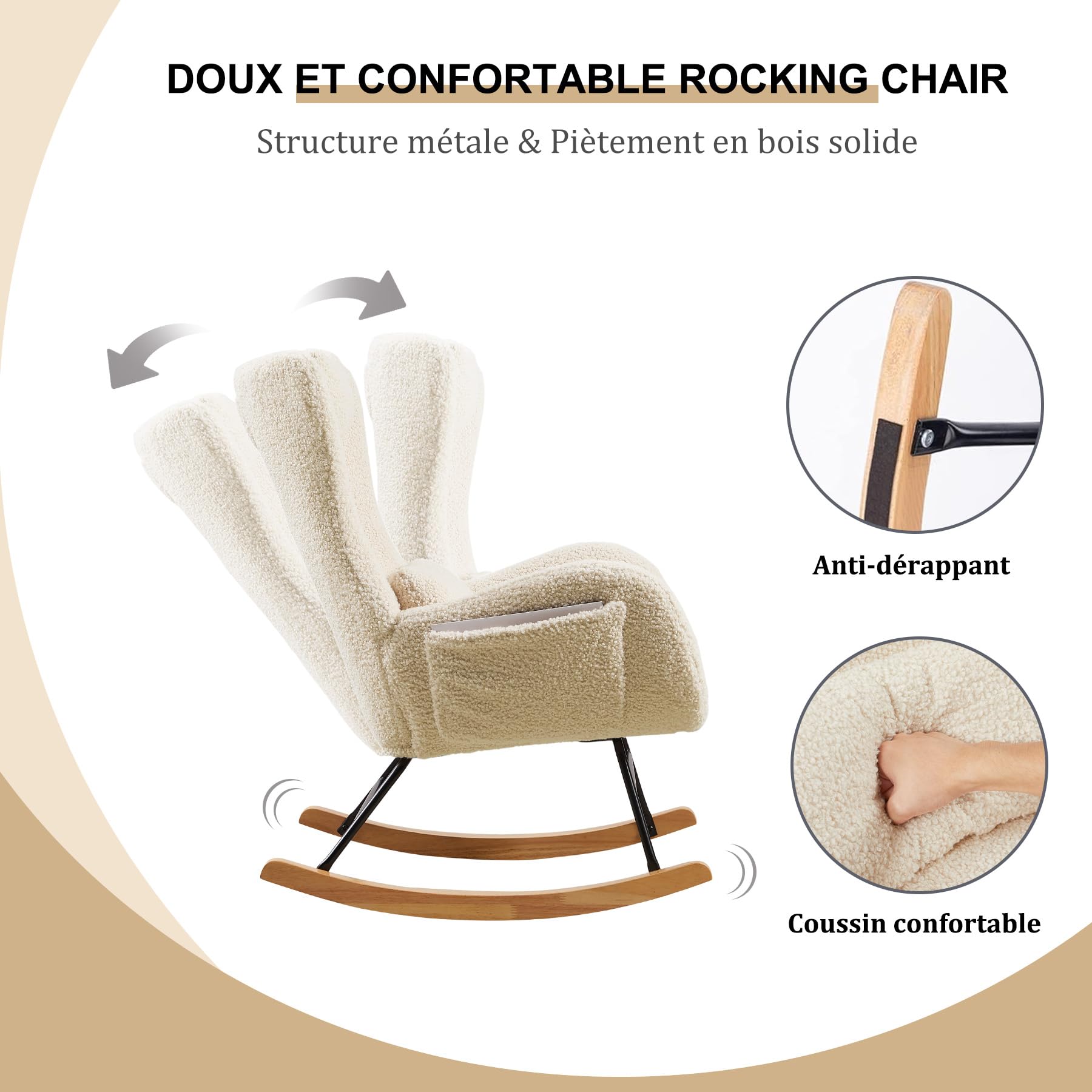 Fauteuil à Bascule Allaitement Scandinave Chaise Loisir et Repos en Tissu avec Pieds en Bois Métal pour Salon, Chambre, Nurserie Beige