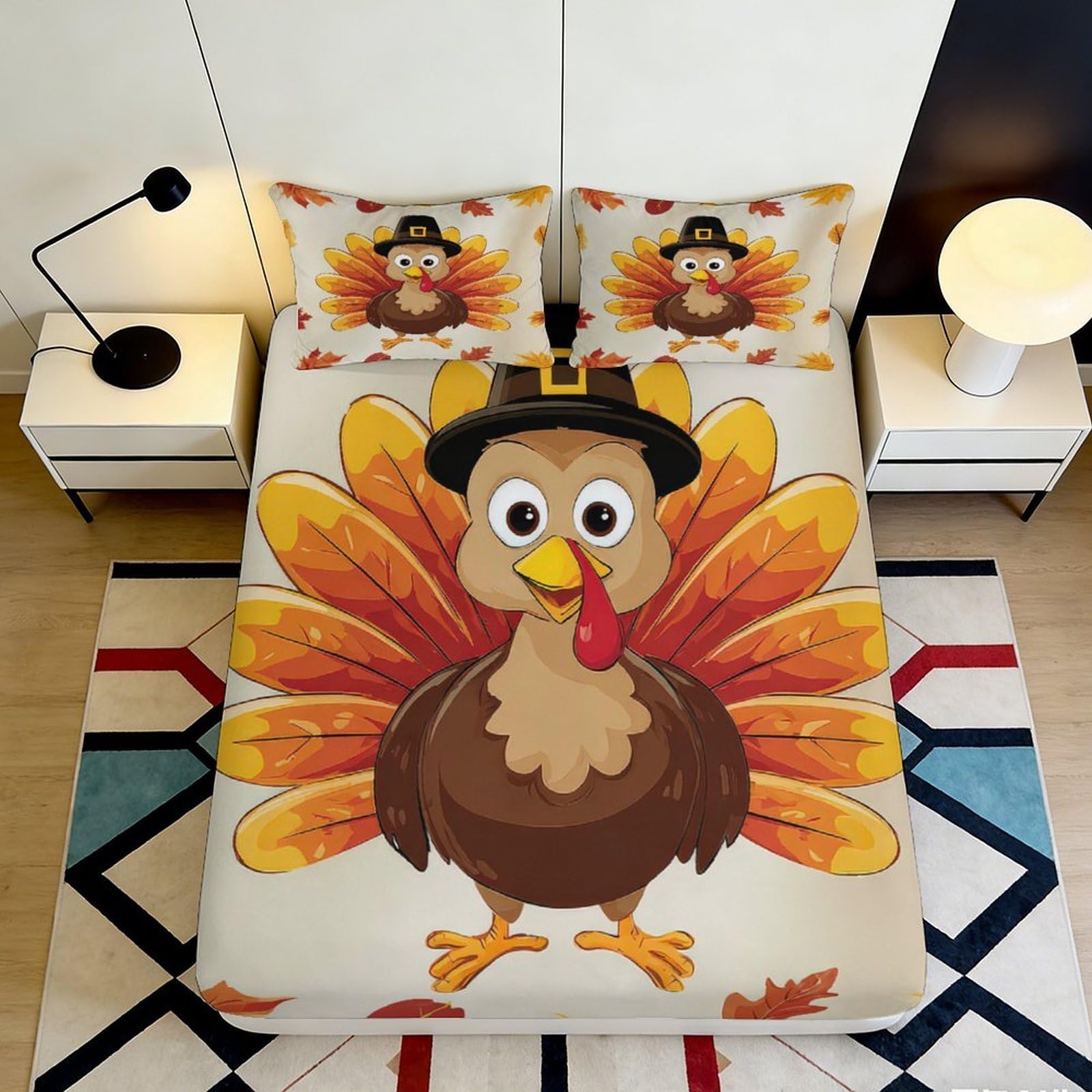 Pnayamiorkfel Style-7 3D Printed Thanksgiving Turkey Fitted Sheet Microfiber Soft Autumn Leaves Bed Cover For Bedroom Dorm Decor 90X200x25cm