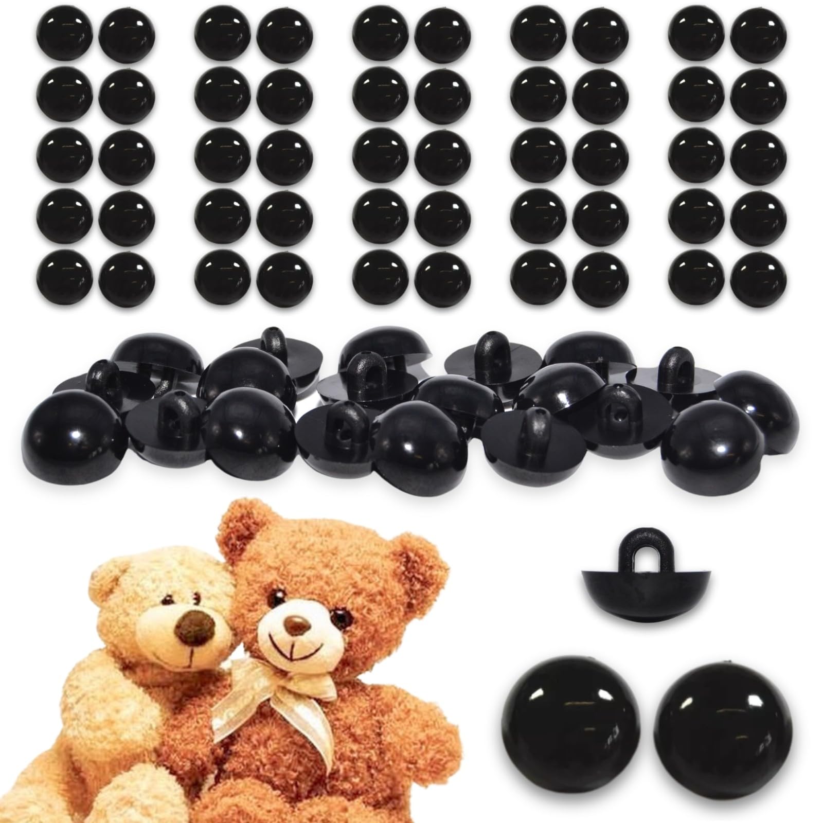 celloexpress 8mm Black Sew On Eyes - 50 Pairs - Half Round Button Eyes for Teddy Bear Animal Soft Toy Making