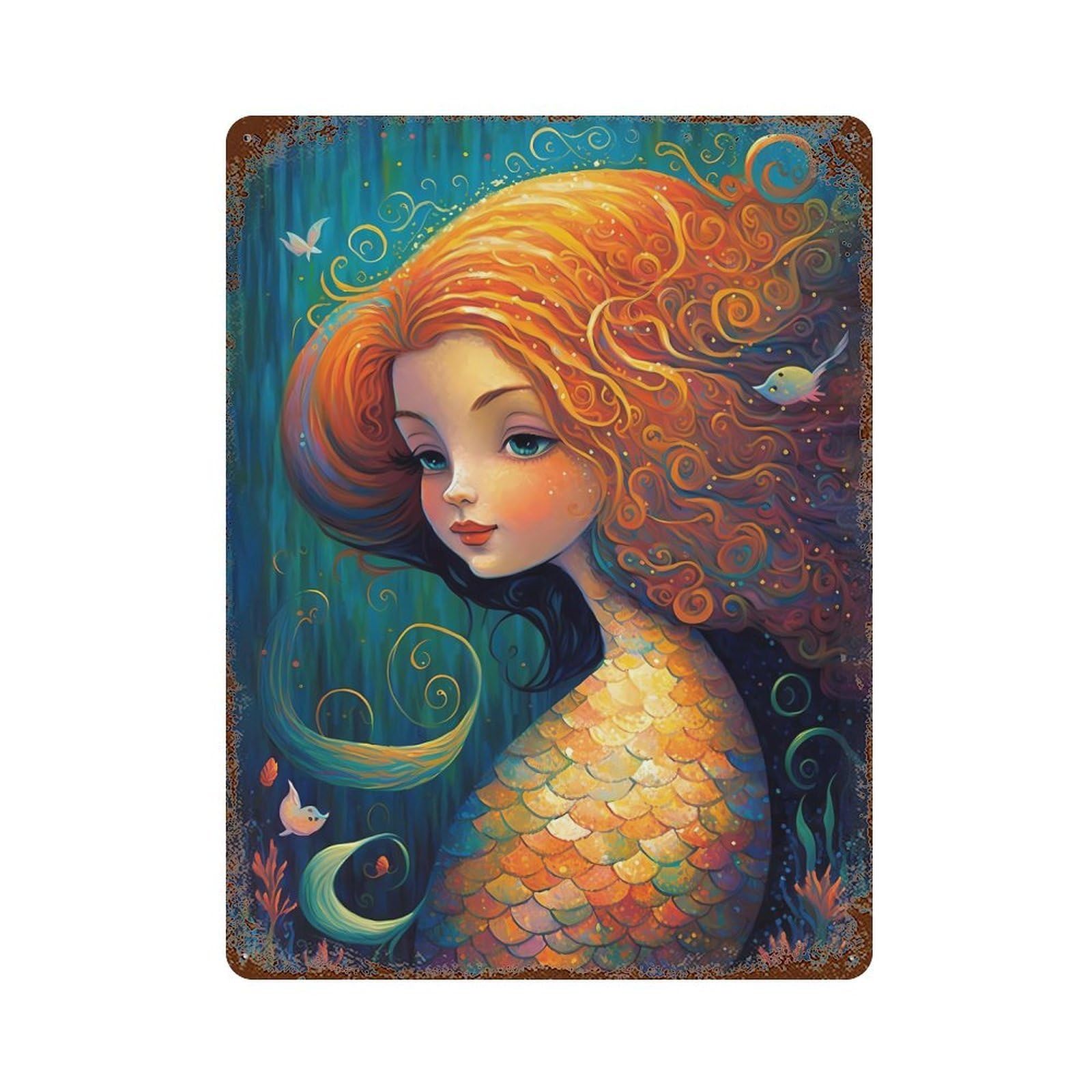 Mermaid Enchanted Isle Rusty Metal Tin Sign 15.7"x11.8", for Basement, Hobby Room And Garage Decor, Retro Wall Decor